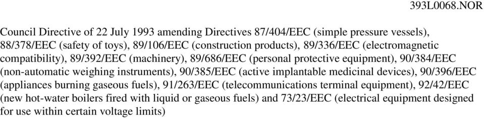 products), 89/336/EEC (electromagnetic compatibility), 89/392/EEC (machinery), 89/686/EEC (personal protective equipment), 90/384/EEC (non-automatic weighing