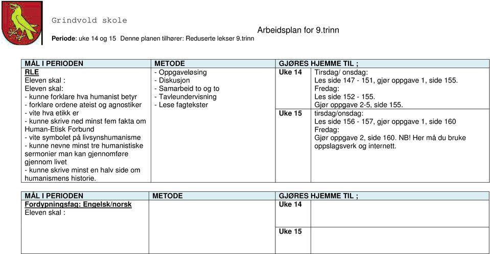 gjennomføre gjennom livet - kunne skrive minst en halv side om humanismens historie. Fordypningsfag: Engelsk/norsk Tirsdag/ onsdag: Les side 147-151, gjør oppgave 1, side 155.