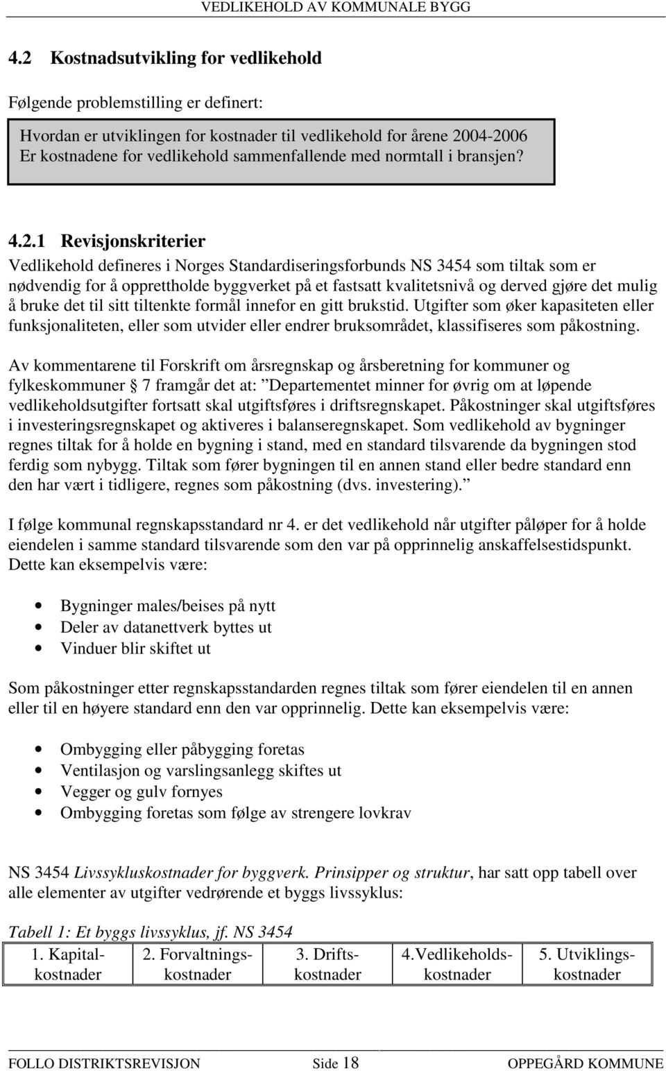 1 Revisjonskriterier Vedlikehold defineres i Norges Standardiseringsforbunds NS 3454 som tiltak som er nødvendig for å opprettholde byggverket på et fastsatt kvalitetsnivå og derved gjøre det mulig å