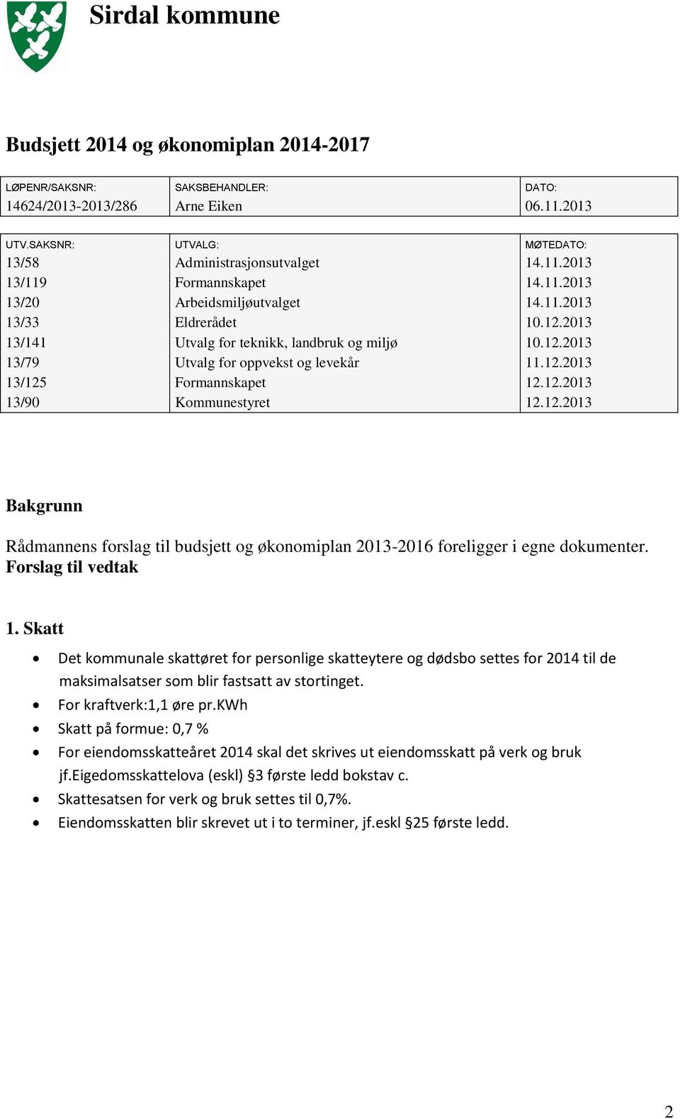 12.2013 13/90 Kommunestyret 12.12.2013 Bakgrunn Rådmannens forslag til budsjett og økonomiplan 2013-2016 foreligger i egne dokumenter. Forslag til vedtak 1.