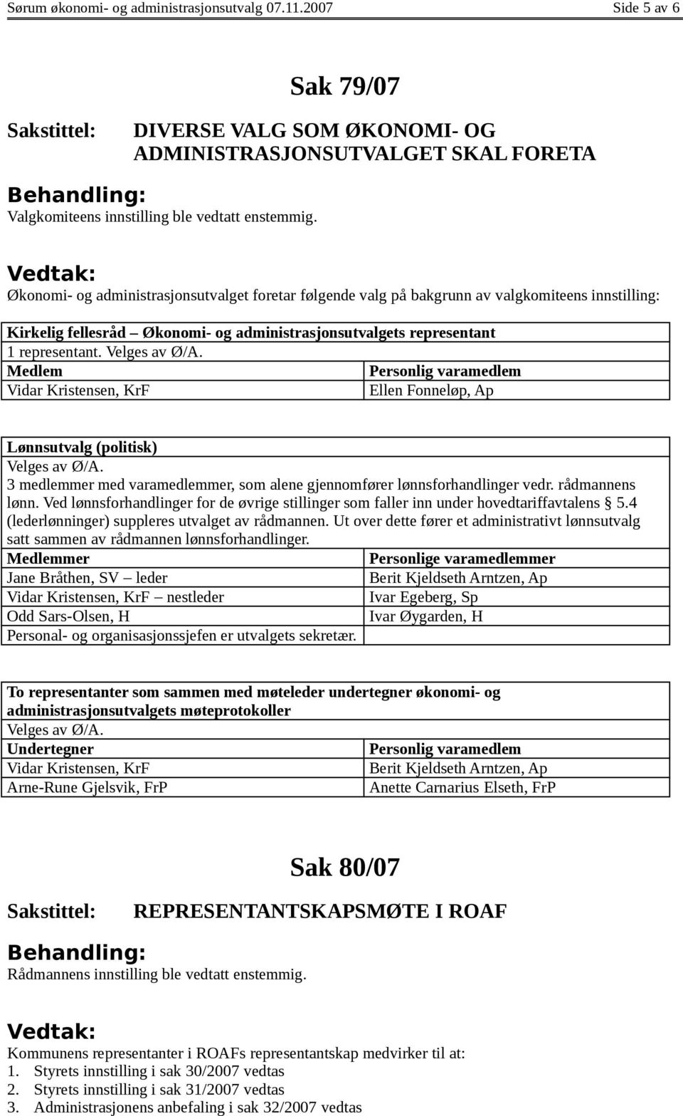 Medlem Personlig varamedlem Vidar Kristensen, KrF Ellen Fonneløp, Ap Lønnsutvalg (politisk) Velges av Ø/A. 3 medlemmer med varamedlemmer, som alene gjennomfører lønnsforhandlinger vedr.