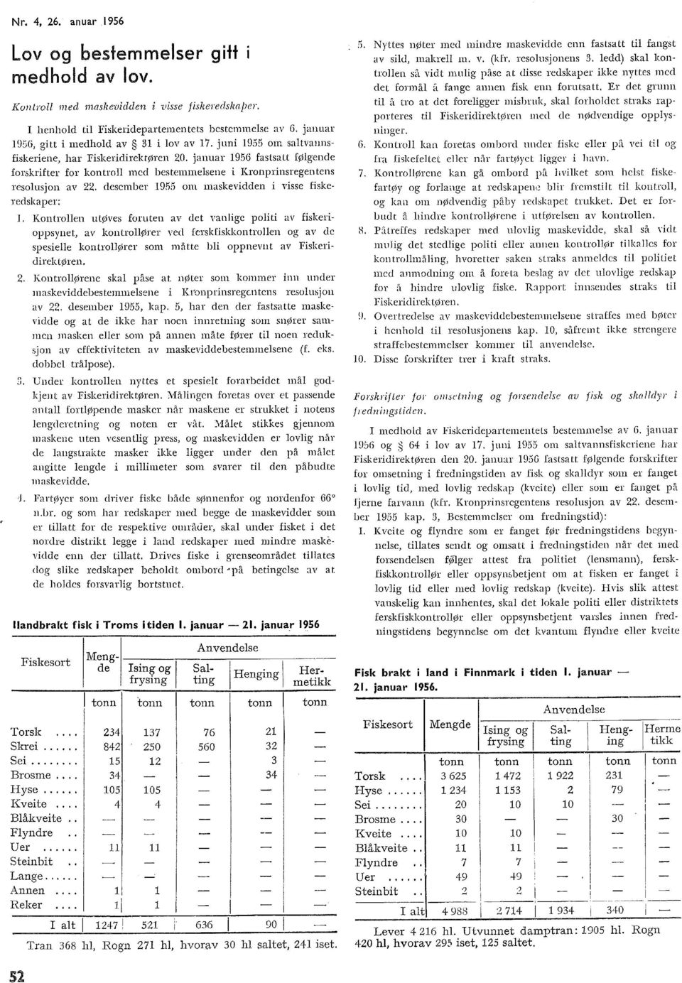 januar 1956 fastsatt føgende forskrifter for kontro med bestemmesene i Kronprinsregentens resousjon av 22. desember 1955 om maskevidden i visse fiskeredskaper: 1.