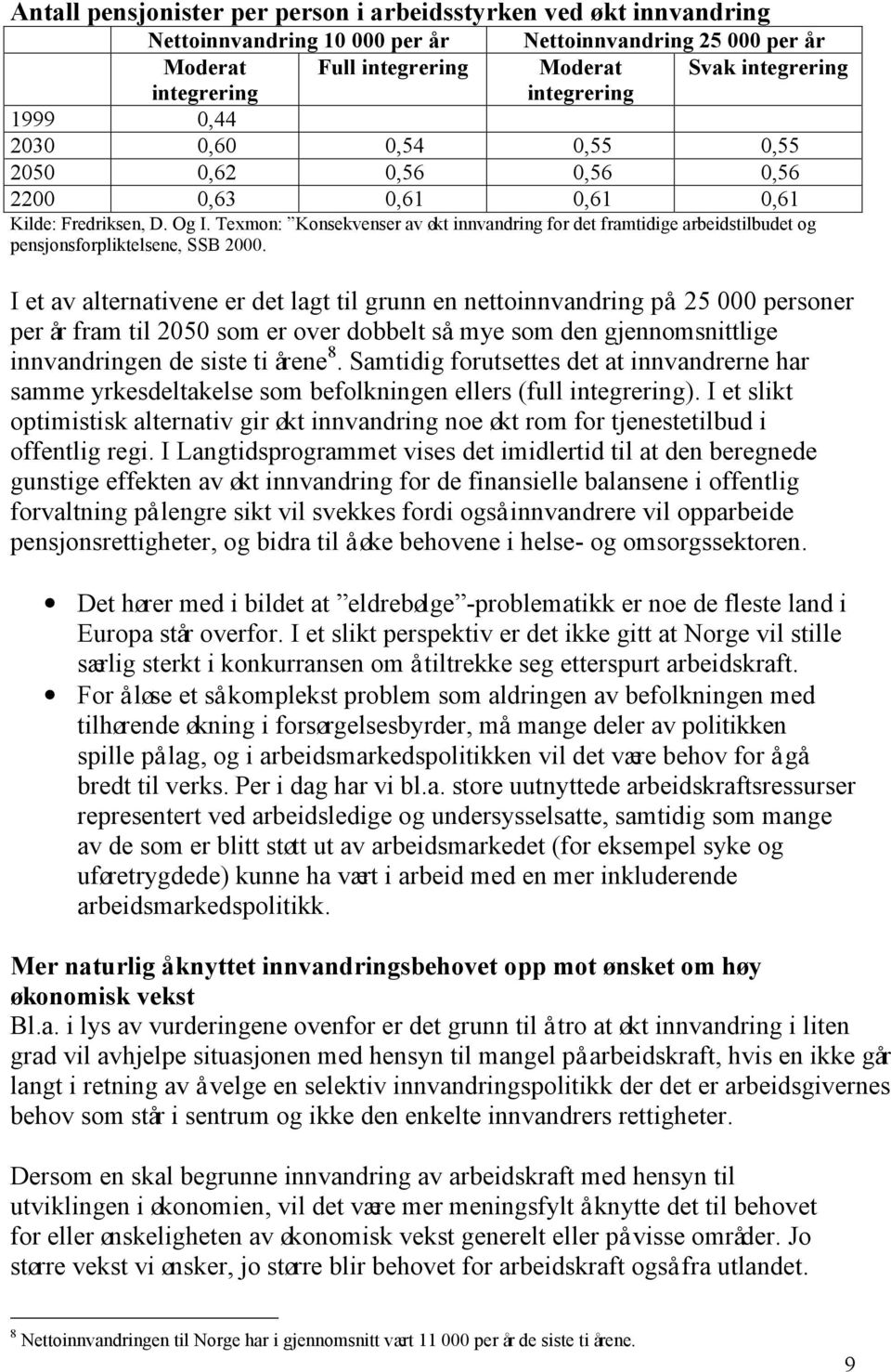 Texmon: Konsekvenser av økt innvandring for det framtidige arbeidstilbudet og pensjonsforpliktelsene, SSB 2000.