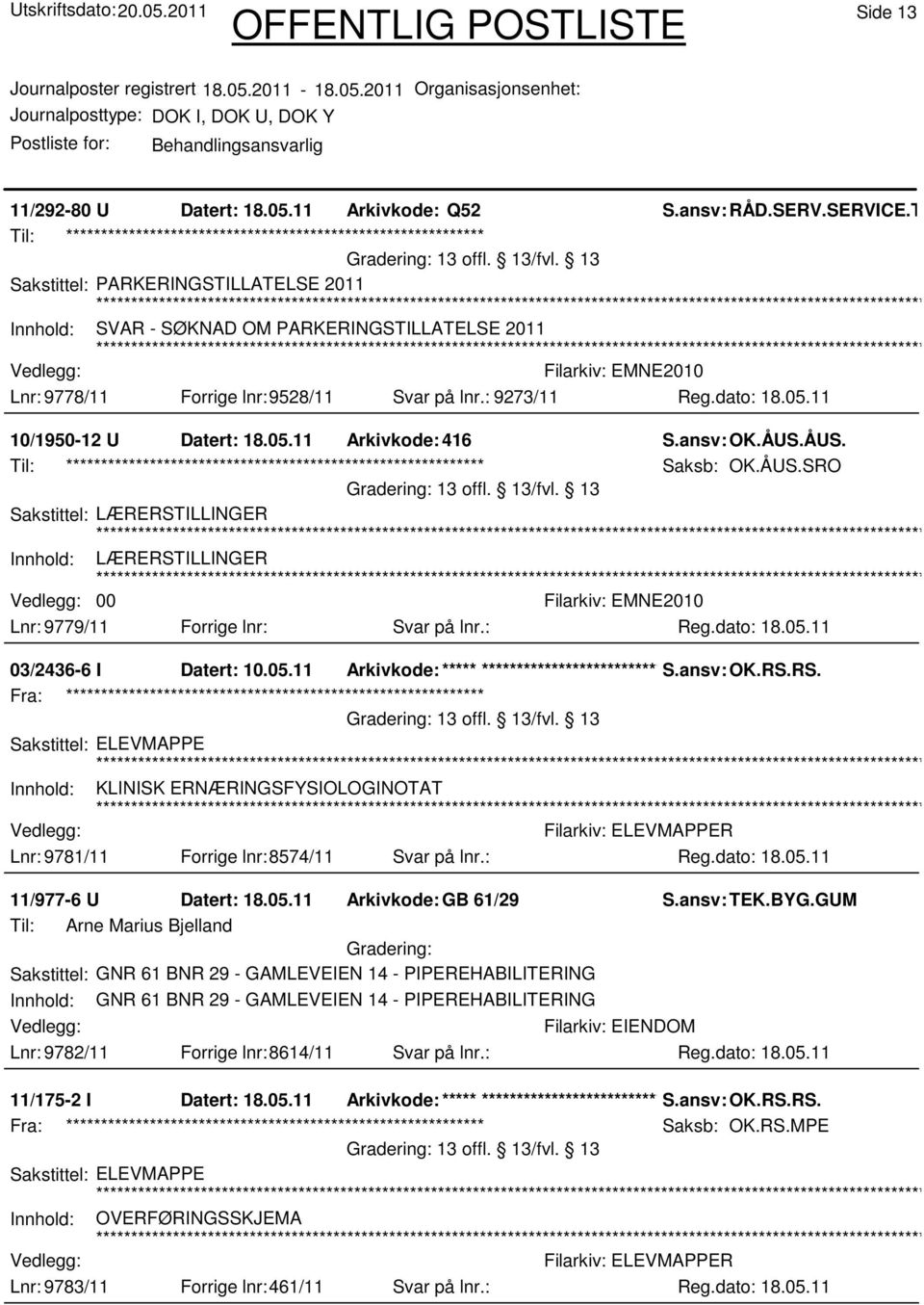 på lnr.: 9273/11 10/1950-12 U Datert: 18.05.11 Arkivkode:416 S.ansv: OK.ÅUS.ÅUS. Til: ************************************************************ Saksb: OK.ÅUS.SRO Sakstittel: LÆRERSTILLINGER Innhold: LÆRERSTILLINGER 00 Lnr: 9779/11 Forrige lnr: Svar på lnr.