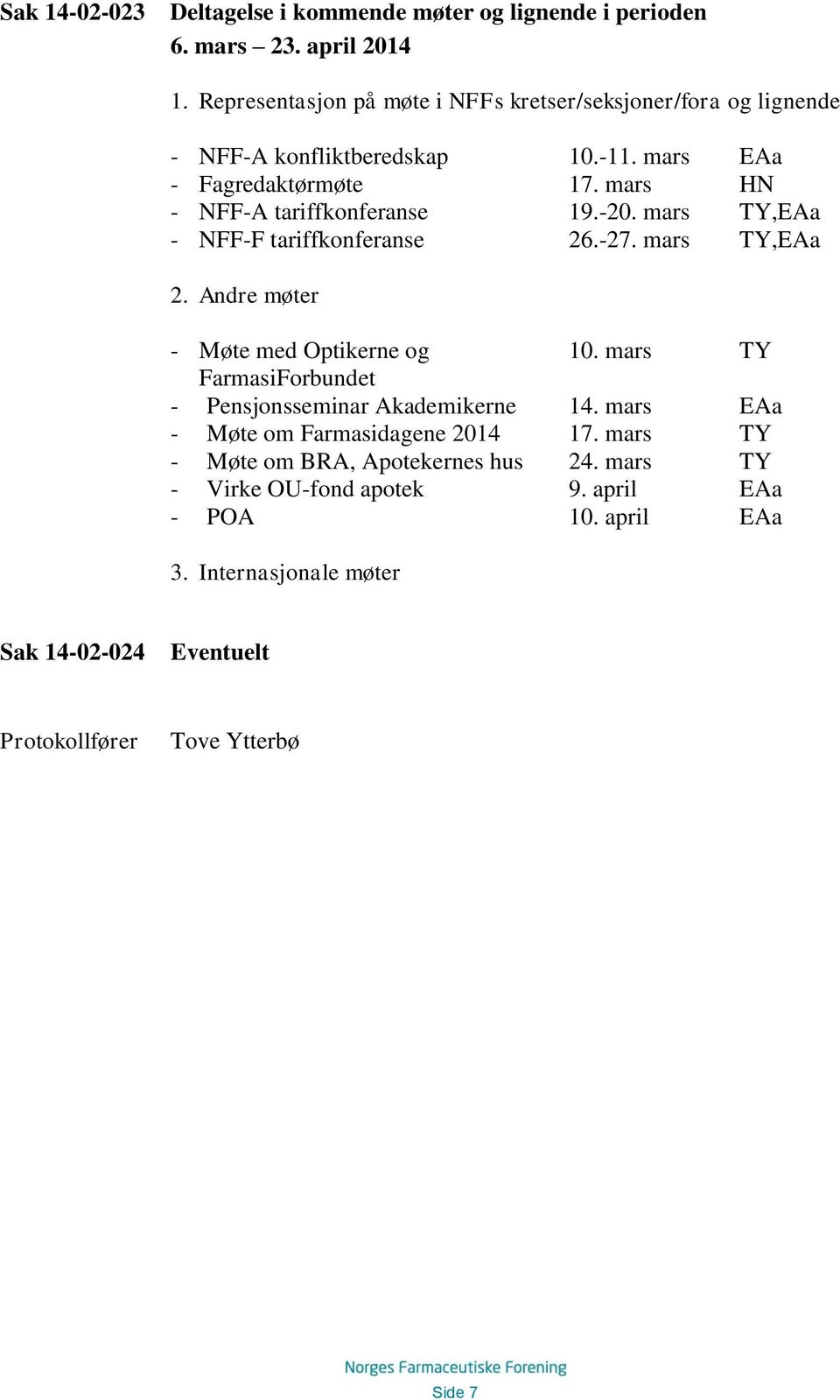 mars HN - NFF-A tariffkonferanse 19.-20. mars TY,EAa - NFF-F tariffkonferanse 26.-27. mars TY,EAa 2. Andre møter - Møte med Optikerne og 10.