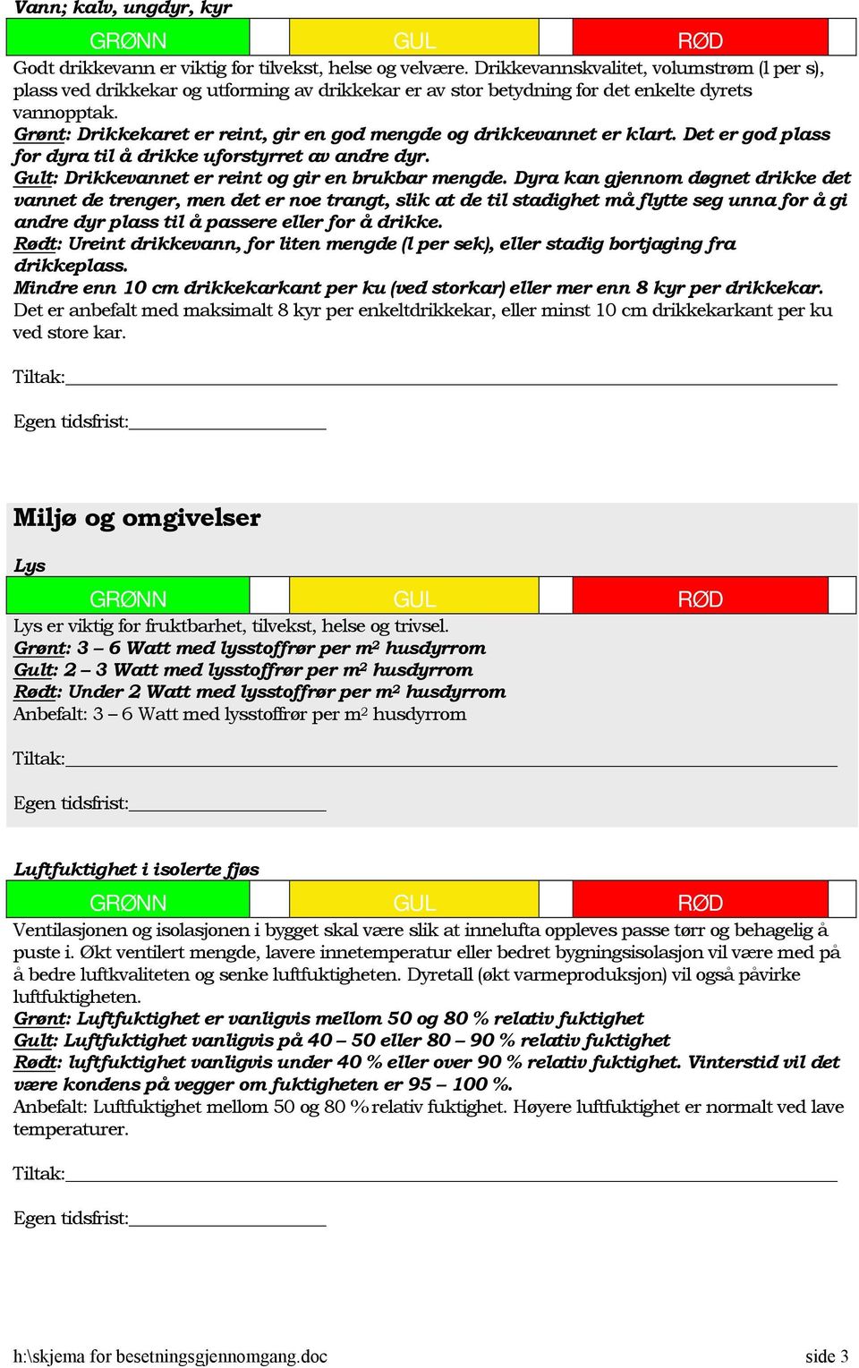 Grønt: Drikkekaret er reint, gir en god mengde og drikkevannet er klart. Det er god plass for dyra til å drikke uforstyrret av andre dyr. Gult: Drikkevannet er reint og gir en brukbar mengde.