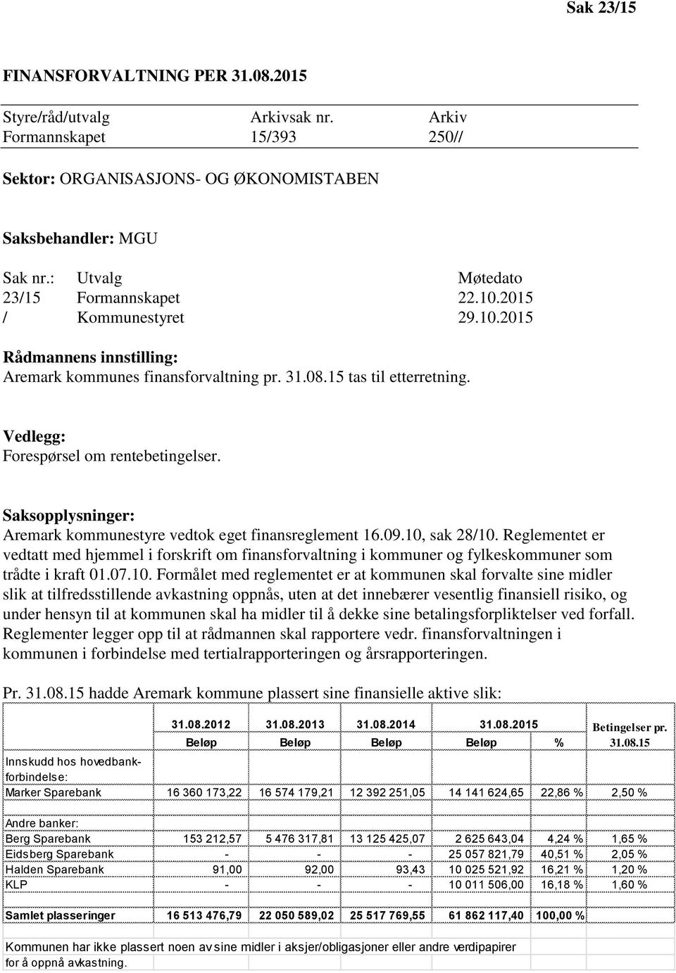 Vedlegg: Forespørsel om rentebetingelser. Saksopplysninger: Aremark kommunestyre vedtok eget finansreglement 16.09.10, sak 28/10.