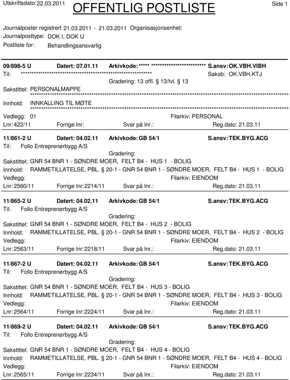 11 Arkivkode:GB 54/1 Til: Follo Entreprenørbygg A/S Sakstittel: GNR 54 BNR 1 - SØNDRE MOER, FELT B4 - HUS 1 - BOLIG Innhold: RAMMETILLATELSE, PBL.