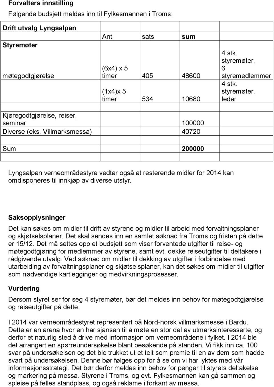 Villmarksmessa) 40720 Sum 200000 Lyngsalpan verneområdestyre vedtar også at resterende midler for 2014 kan omdisponeres til innkjøp av diverse utstyr.