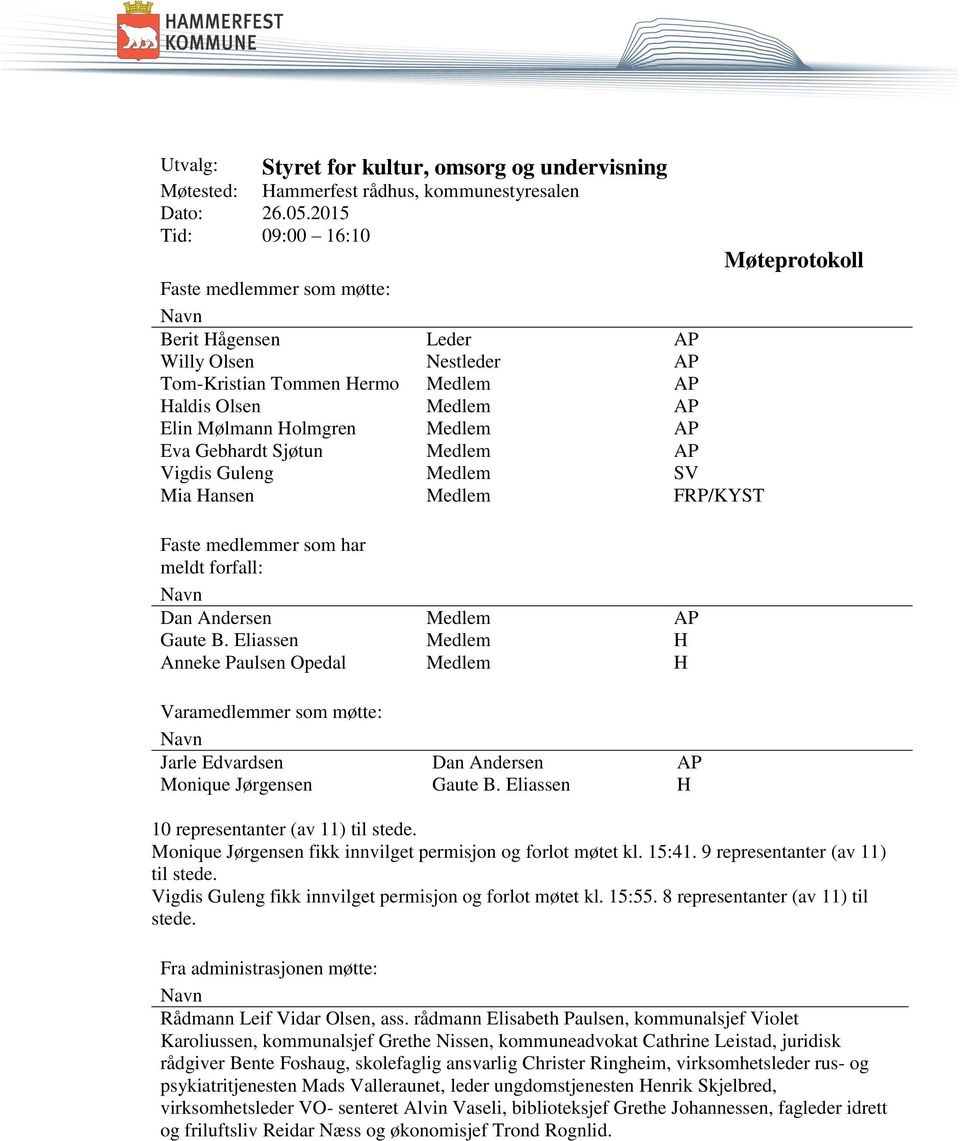 Gebhardt Sjøtun Medlem AP Vigdis Guleng Medlem SV Mia Hansen Medlem FRP/KYST Faste medlemmer som har meldt forfall: Navn Dan Andersen Medlem AP Gaute B.