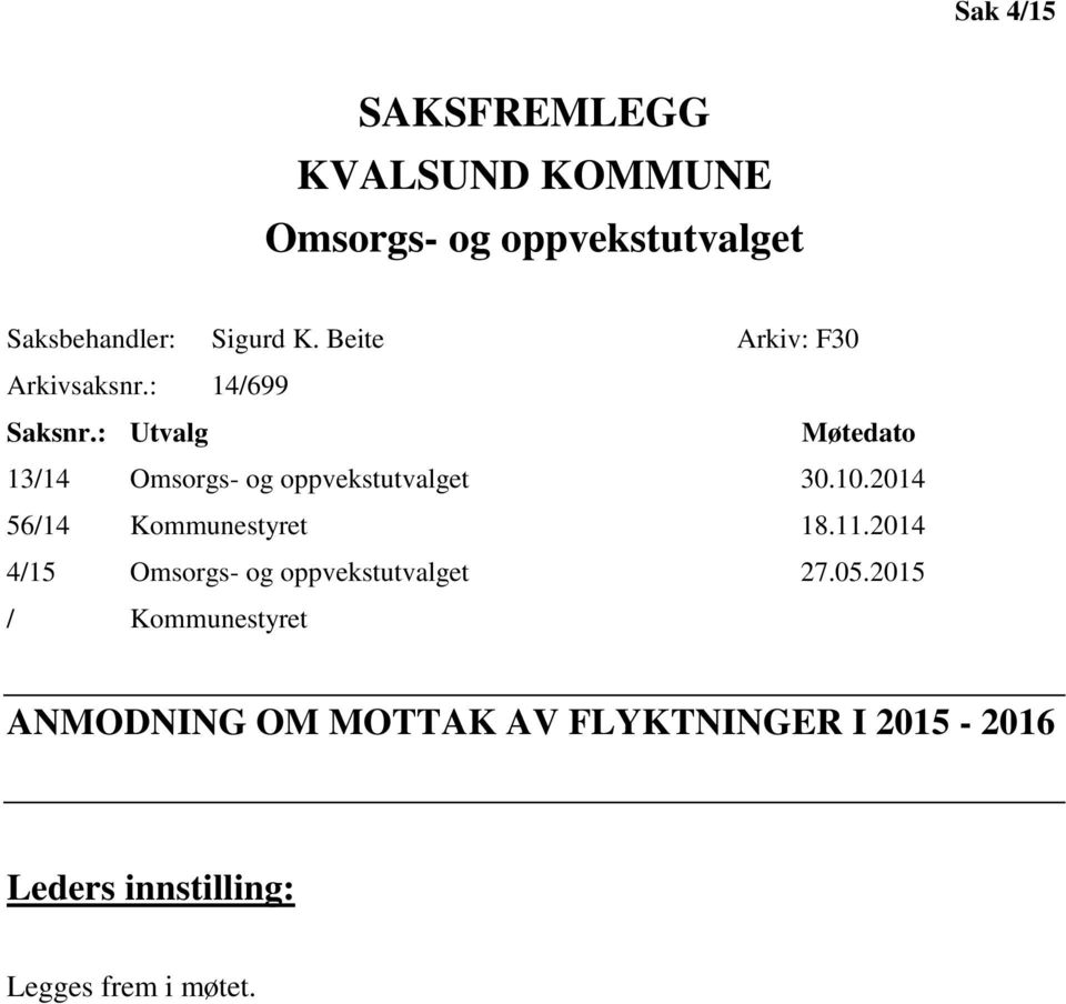 : Utvalg Møtedato 13/14 Omsorgs- og oppvekstutvalget 30.10.2014 56/14 Kommunestyret 18.11.