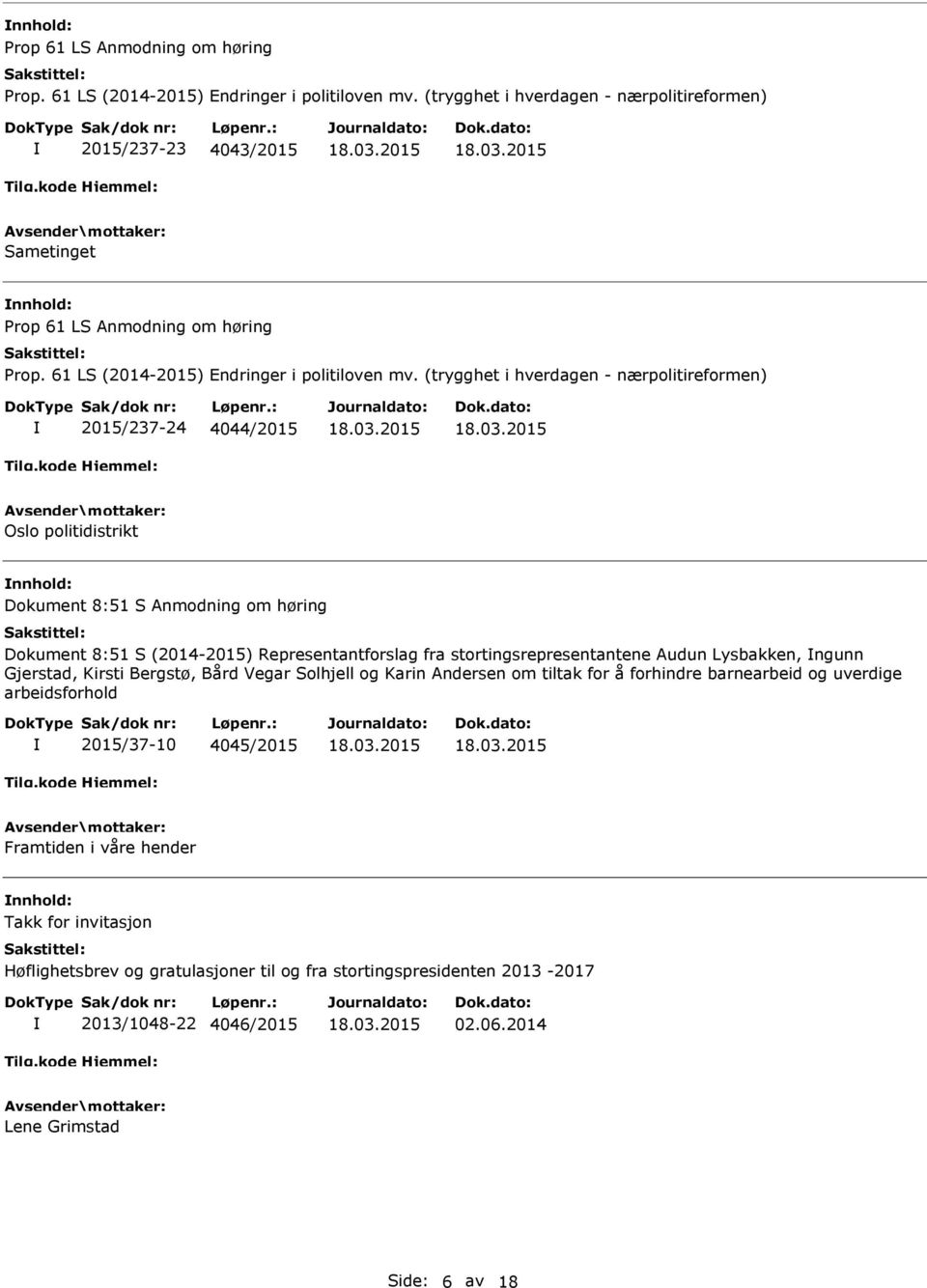 (trygghet i hverdagen - nærpolitireformen) 2015/237-24 4044/2015 Oslo politidistrikt Dokument 8:51 S Anmodning om høring Dokument 8:51 S (2014-2015) Representantforslag fra stortingsrepresentantene