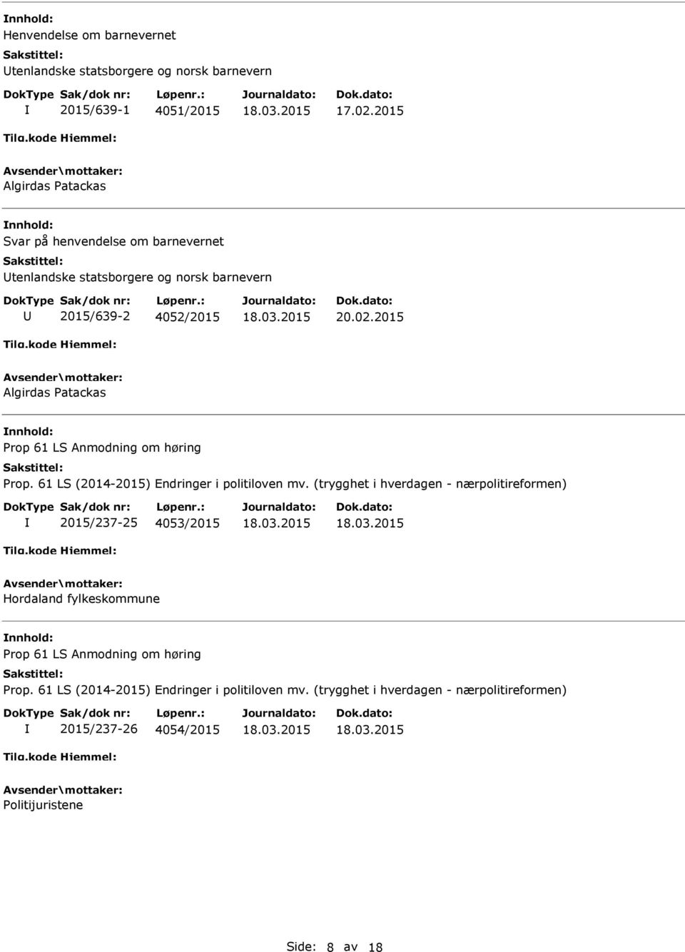 2015 Algirdas Patackas Prop 61 LS Anmodning om høring Prop. 61 LS (2014-2015) Endringer i politiloven mv.