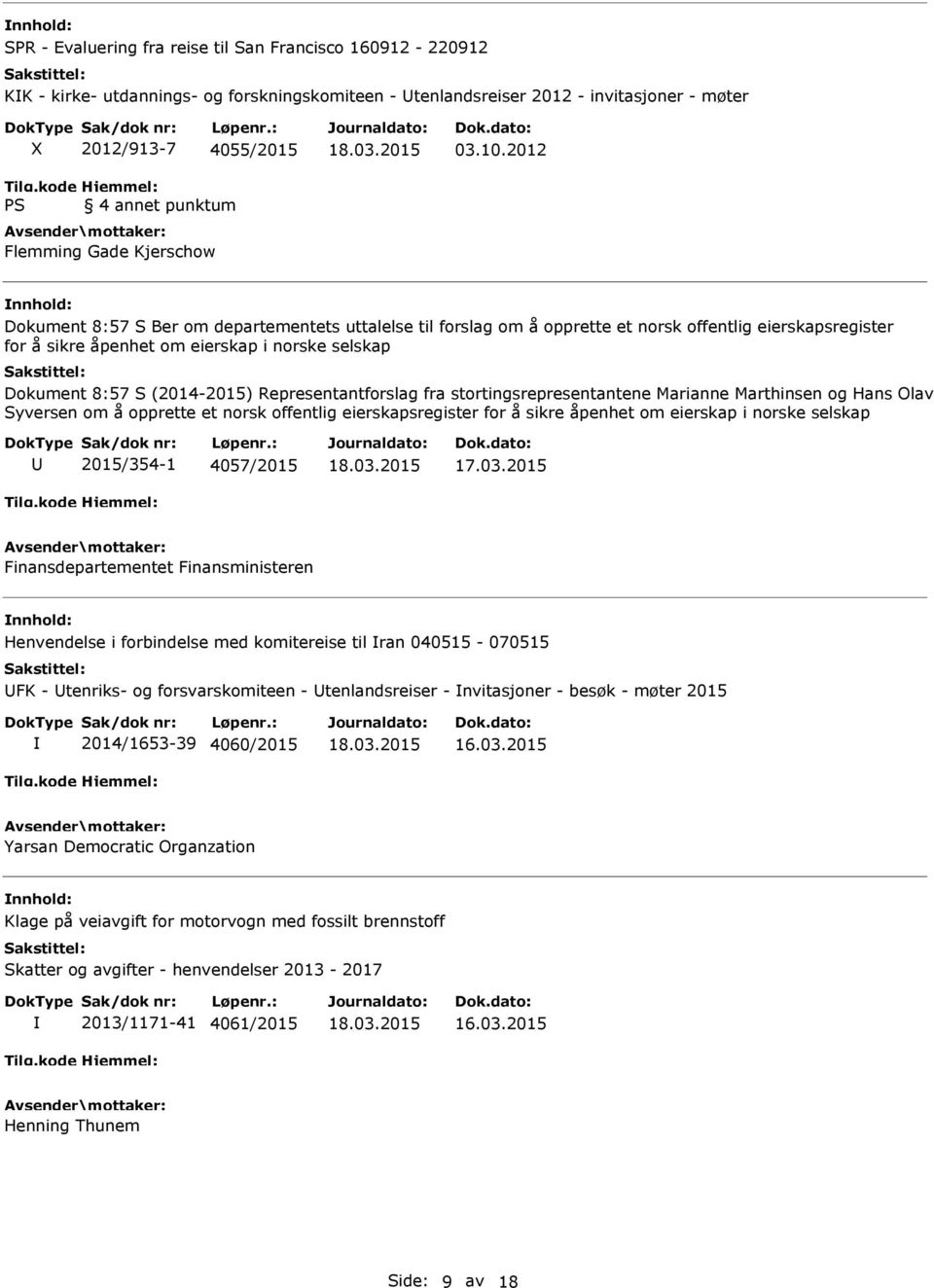 2012 Dokument 8:57 S Ber om departementets uttalelse til forslag om å opprette et norsk offentlig eierskapsregister for å sikre åpenhet om eierskap i norske selskap Dokument 8:57 S (2014-2015)