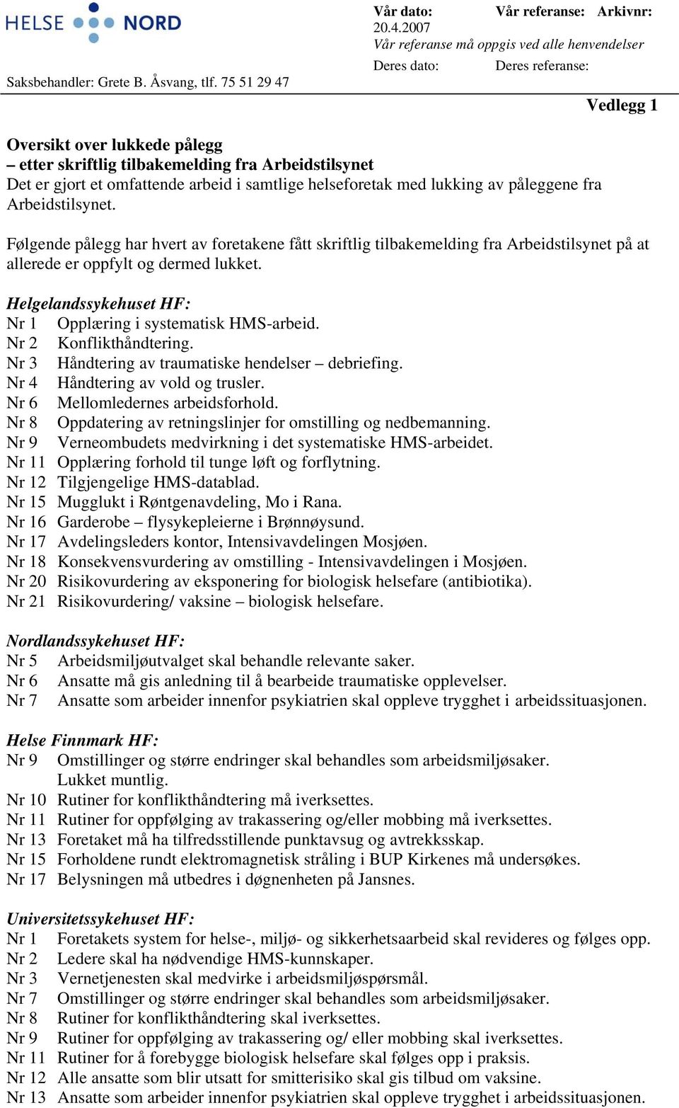 2007 Vår referanse må oppgis ved alle henvendelser Deres dato: Deres referanse: Vedlegg 1 Oversikt over lukkede pålegg etter skriftlig tilbakemelding fra Arbeidstilsynet Det er gjort et omfattende