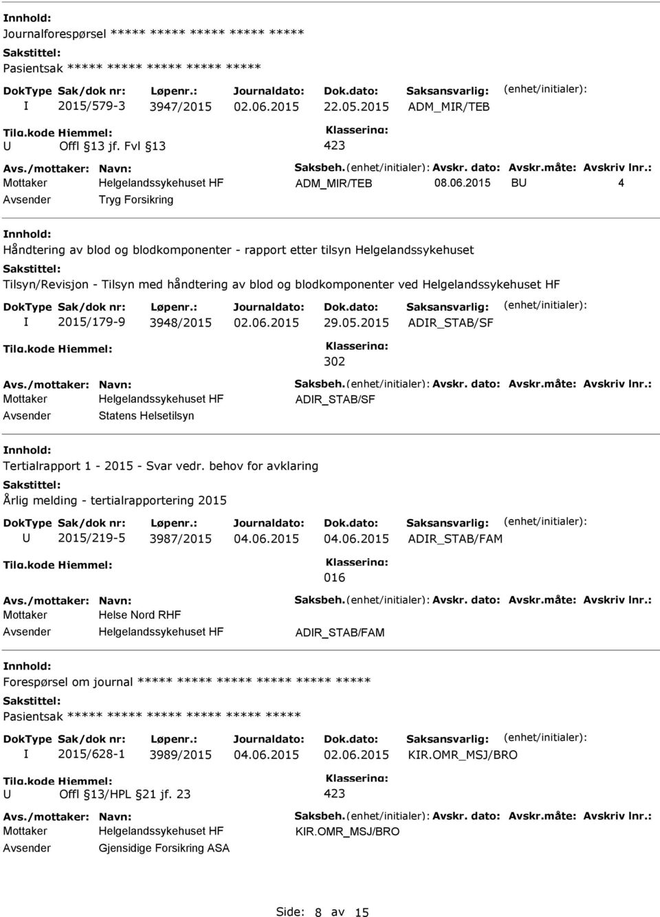 2015 B 4 Tryg Forsikring Håndtering av blod og blodkomponenter - rapport etter tilsyn Helgelandssykehuset Tilsyn/Revisjon - Tilsyn med håndtering av blod og blodkomponenter ved 2015/179-9 3948/2015