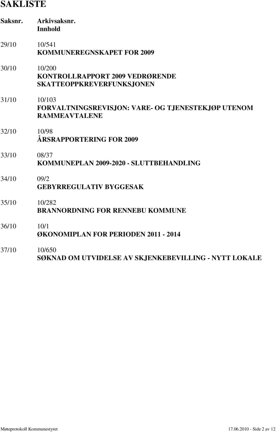 FORVALTNINGSREVISJON: VARE- OG TJENESTEKJØP UTENOM RAMMEAVTALENE 32/10 10/98 ÅRSRAPPORTERING FOR 2009 33/10 08/37 KOMMUNEPLAN 2009-2020 -