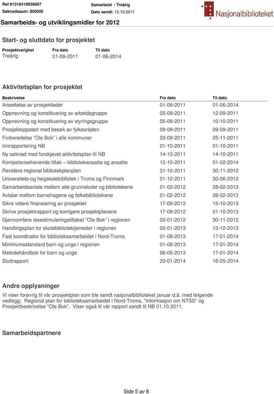 09-09-2011 Forberedelse Ole Bok i alle kommuner 22-09-2011 25-11-2011 Innrapportering NB 01-10-2011 01-10-2011 Ny søknad med forskjøvet aktivitetsplan til NB 14-10-2011 14-10-2011 Kompetansehevende