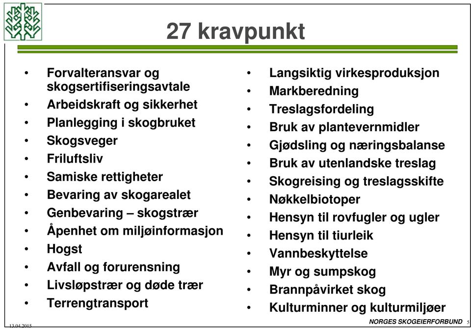 virkesproduksjon Markberedning Treslagsfordeling Bruk av plantevernmidler Gjødsling og næringsbalanse Bruk av utenlandske treslag Skogreising og treslagsskifte