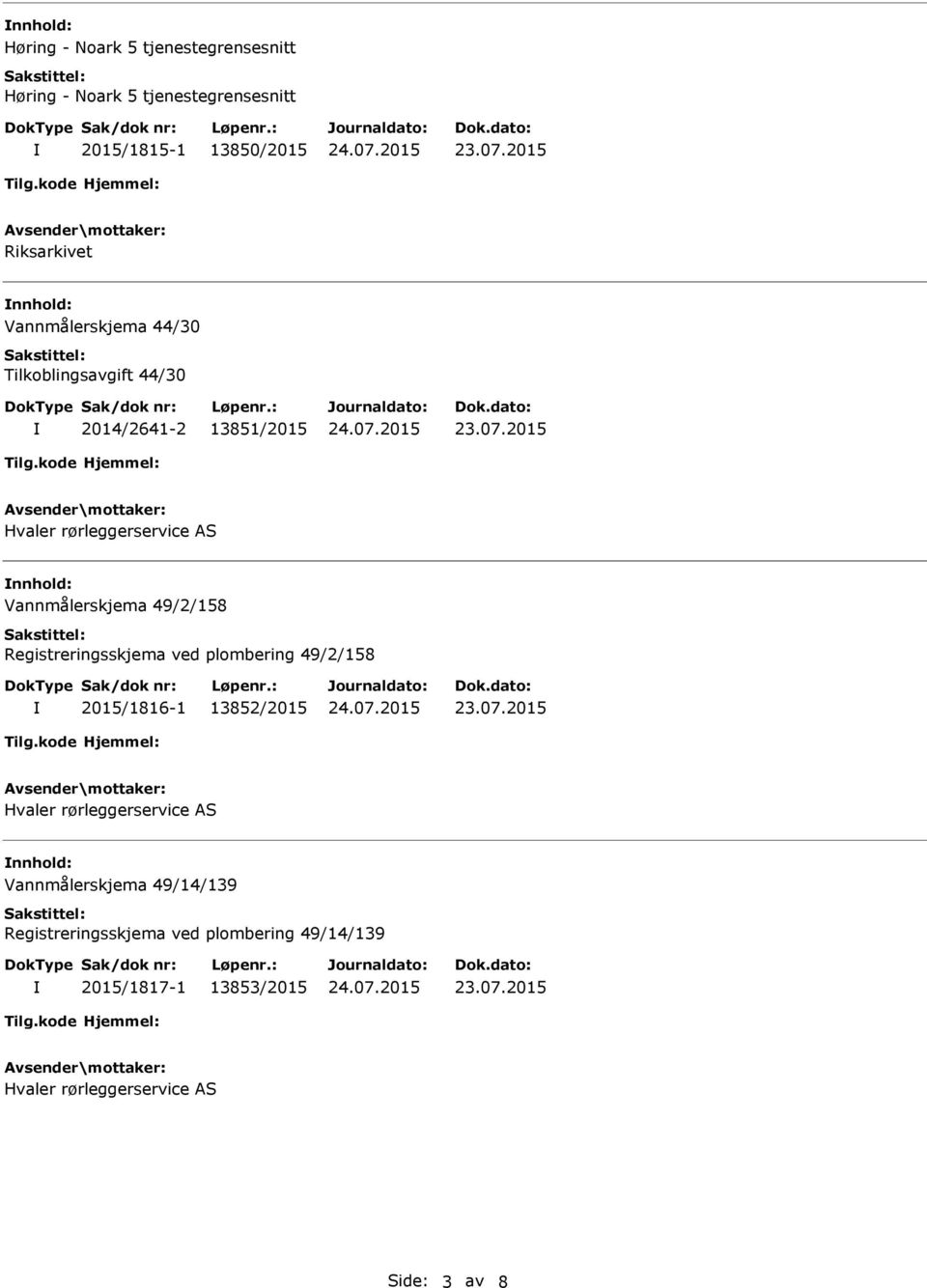 nnhold: Vannmålerskjema 49/2/158 Registreringsskjema ved plombering 49/2/158 2015/1816-1 13852/2015