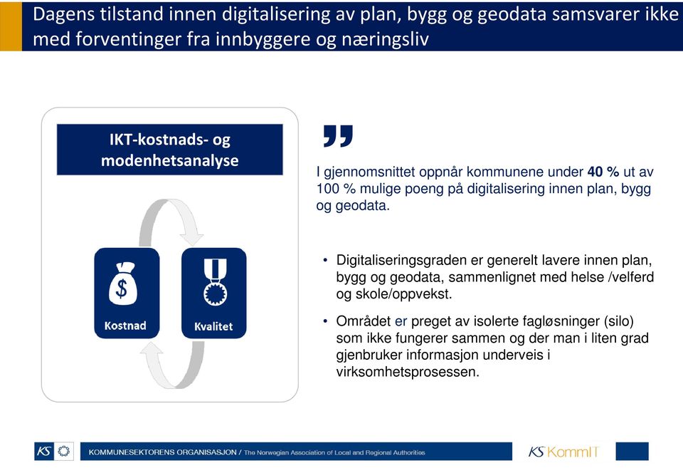 bygg og geodata. Digitaliseringsgraden er generelt lavere innen plan, bygg og geodata, sammenlignet med helse /velferd og skole/oppvekst.