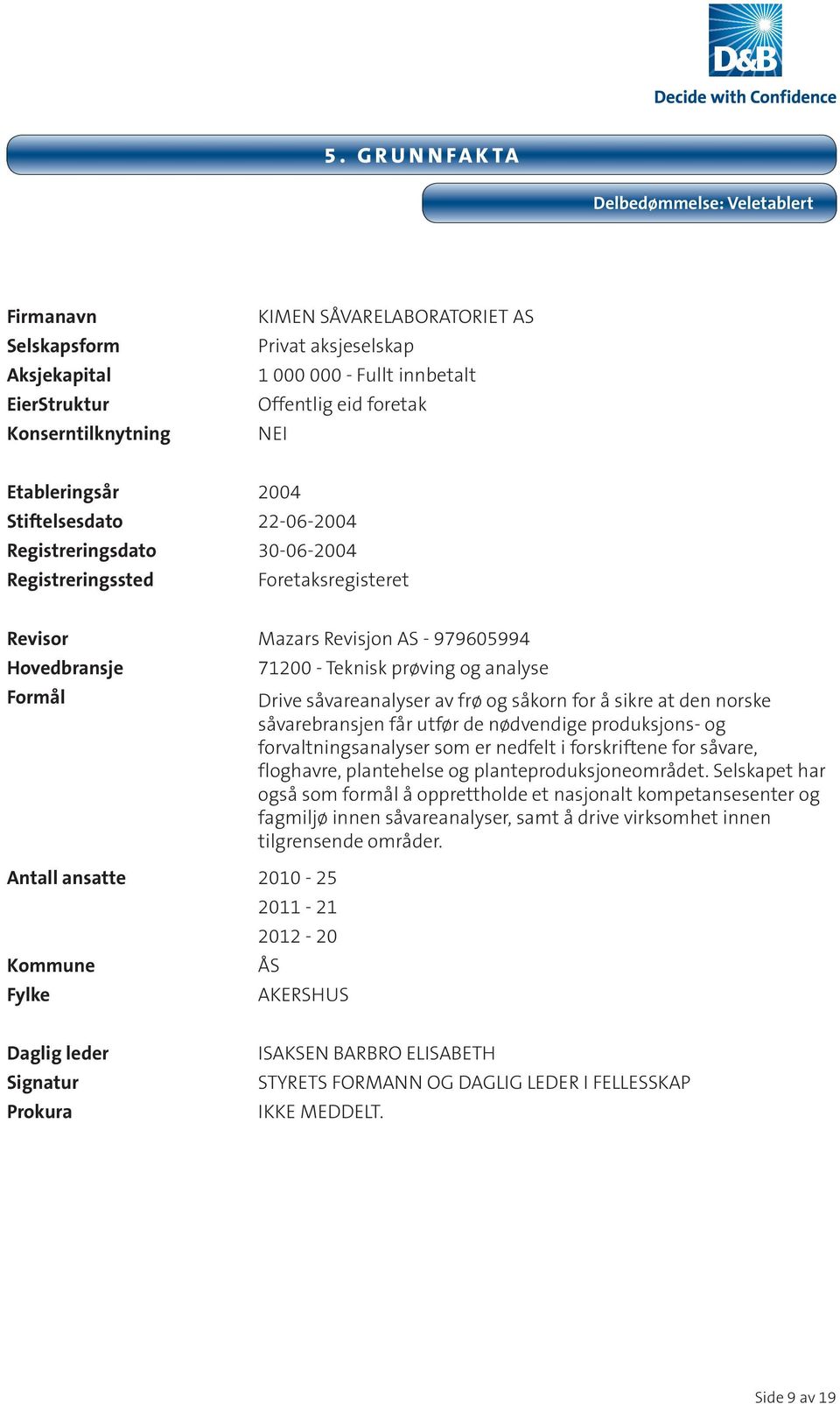 2010-25 Kommune Fylke 71200 - Teknisk prøving og analyse Drive såvareanalyser av frø og såkorn for å sikre at den norske såvarebransjen får utfør de nødvendige produksjons- og forvaltningsanalyser