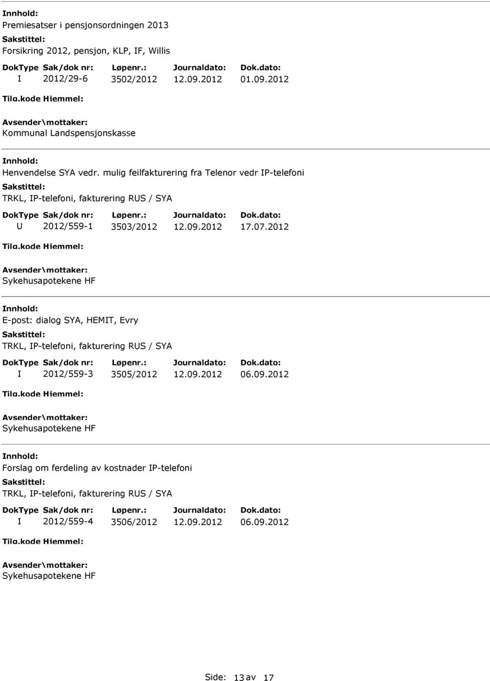 mulig feilfakturering fra Telenor vedr -telefoni TRKL, -telefoni, fakturering RS / SYA 2012/559-1 3503/2012 17.07.