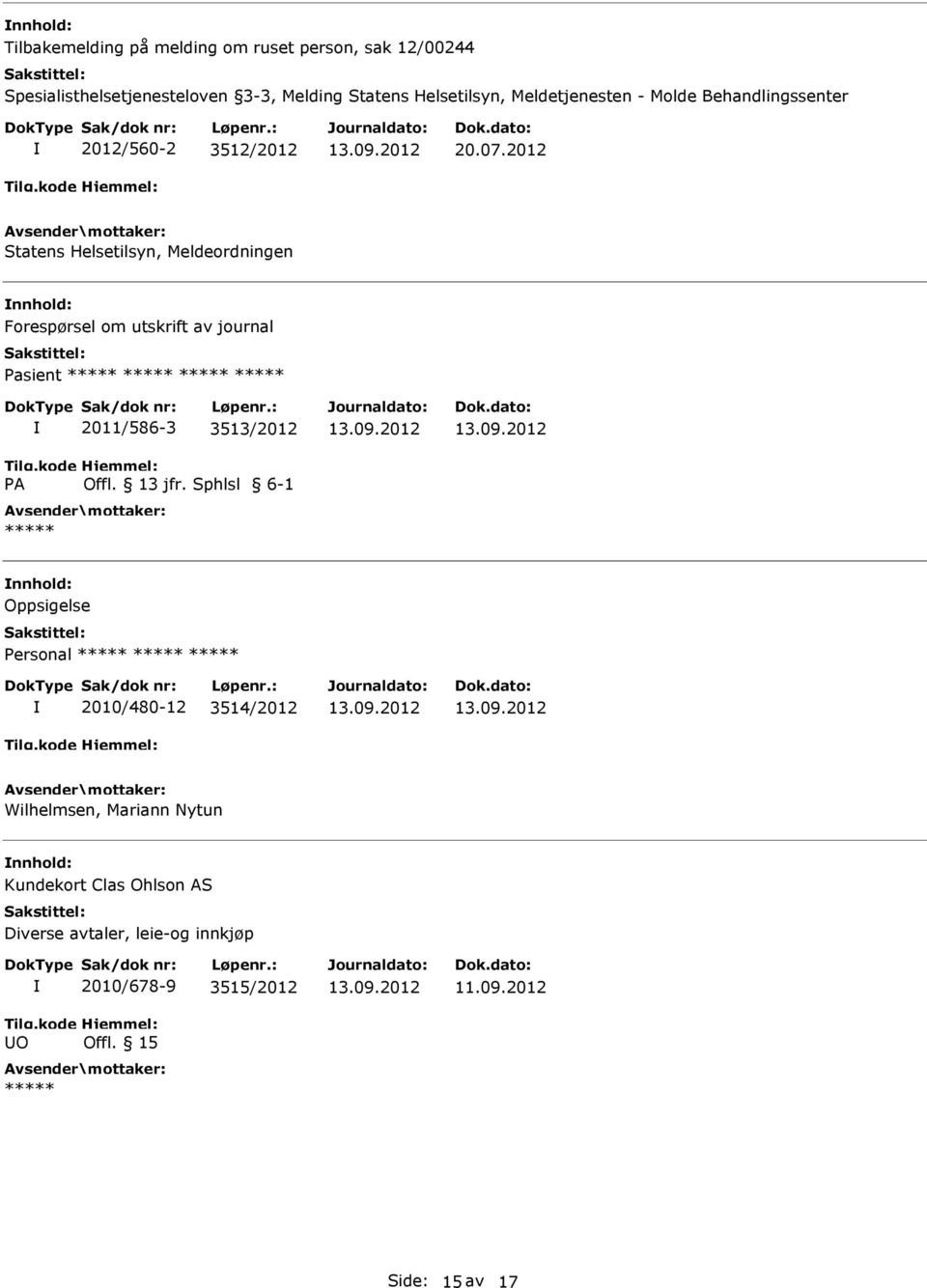 2012 Statens Helsetilsyn, Meldeordningen Forespørsel om utskrift av journal asient A 2011/586-3 3513/2012 Offl. 13 jfr.