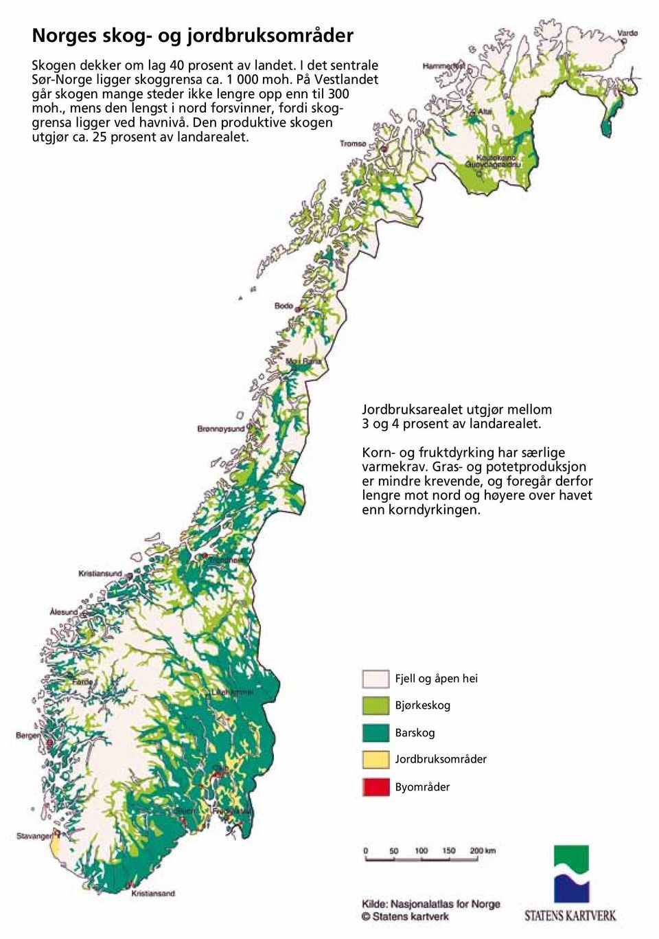 Den produktive skogen utgjør ca. 25 prosent av landarealet. Jordbruksarealet utgjør mellom 3 og 4 prosent av landarealet.