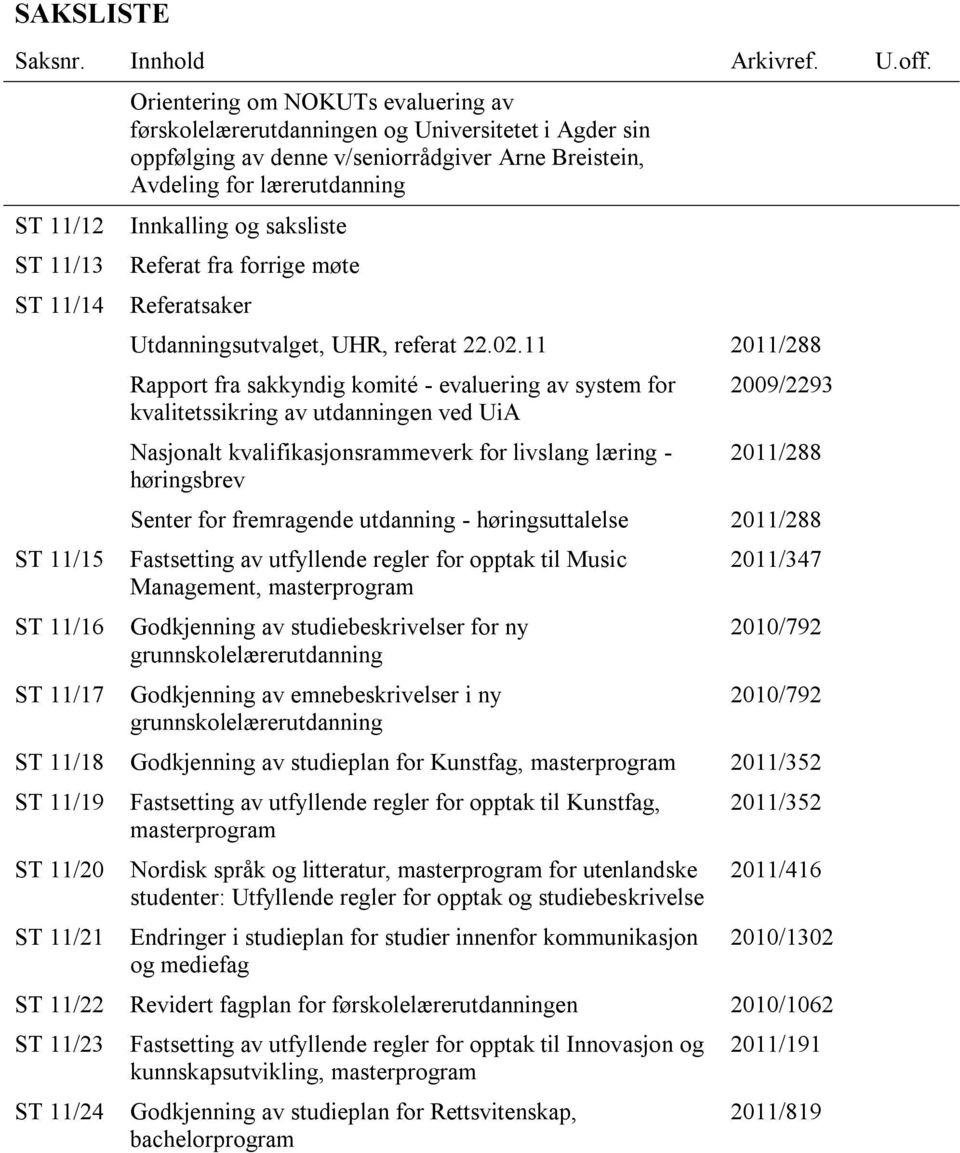 Avdeling for lærerutdanning Innkalling og saksliste Referat fra forrige møte Referatsaker Utdanningsutvalget, UHR, referat 22.02.