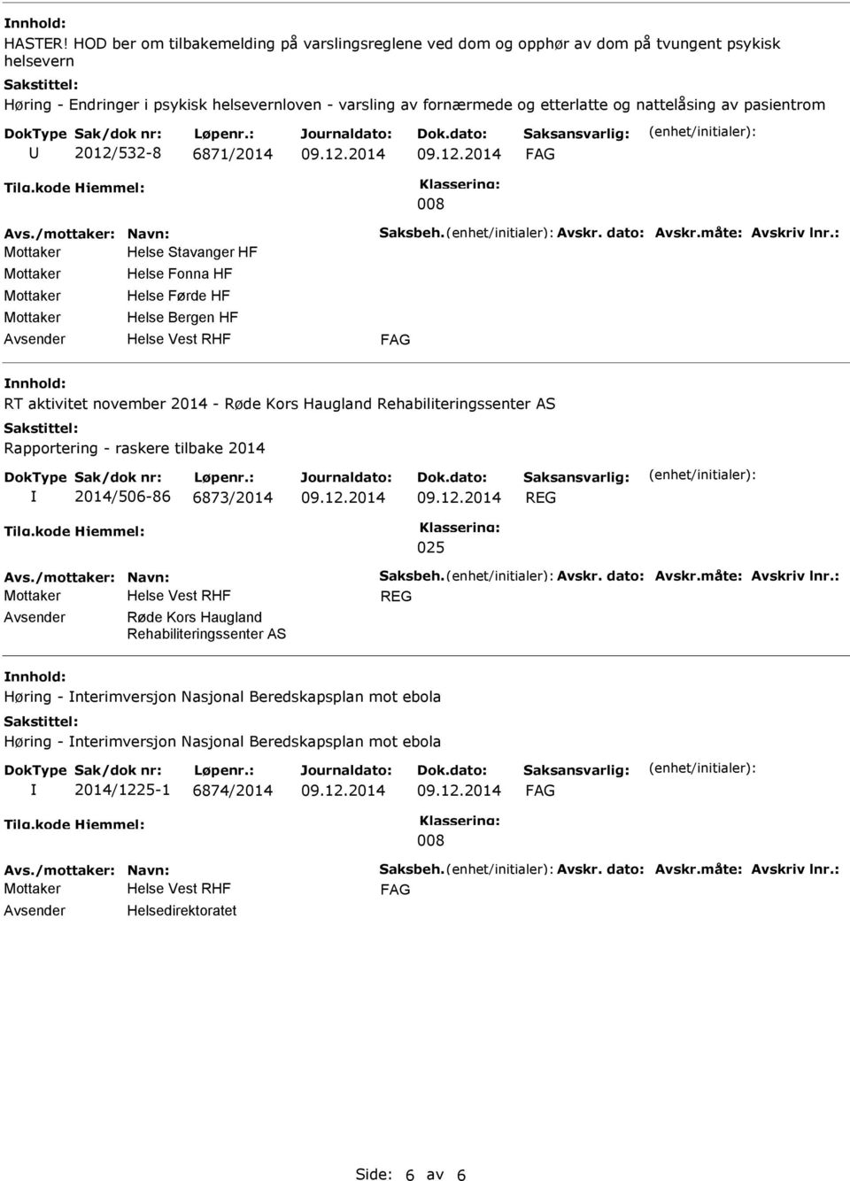 fornærmede og etterlatte og nattelåsing av pasientrom 2012/532-8 6871/2014 008 Mottaker Helse Stavanger HF Mottaker Mottaker Mottaker Helse Fonna HF Helse Førde HF