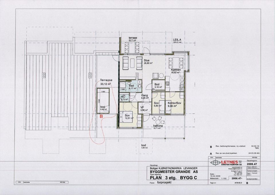 2,5 2 balkong 0,7 m2 bod 4,86 m2 Rev. balkong/terrasse, ny utebod 04.02.0 TMS Rev av sov,bod,kjøkken 24.03.