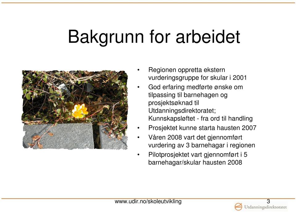 til handling Prosjektet kunne starta hausten 2007 Våren 2008 vart det gjennomført vurdering av 3