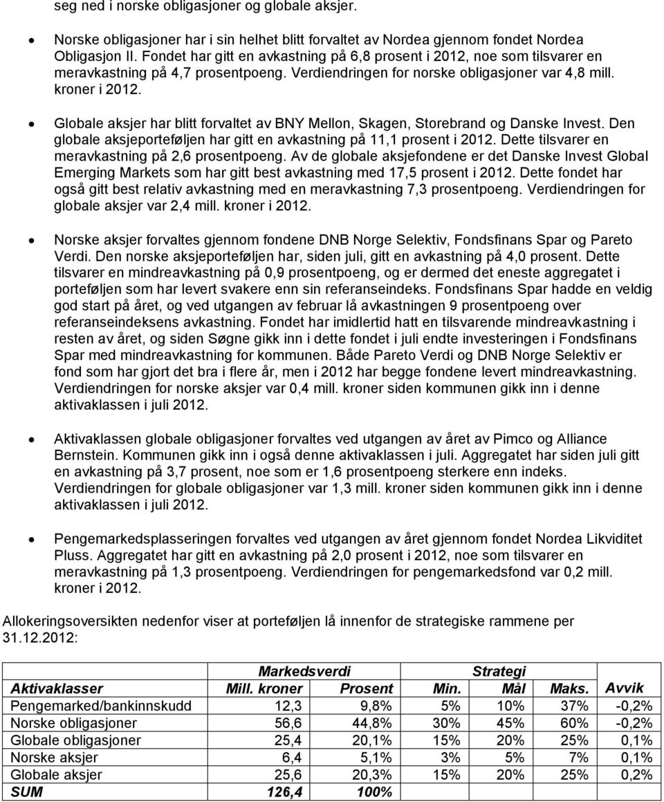 Globale aksjer har blitt forvaltet av BNY Mellon, Skagen, Storebrand og Danske Invest. Den globale aksjeporteføljen har gitt en avkastning på 11,1 prosent i 2012.