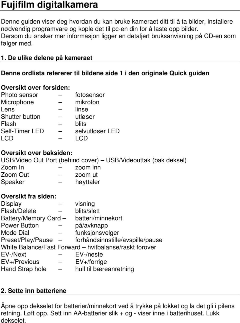 De ulike delene på kameraet Denne ordlista refererer til bildene side 1 i den originale Quick guiden Oversikt over forsiden: Photo sensor fotosensor Microphone mikrofon Lens linse Shutter button