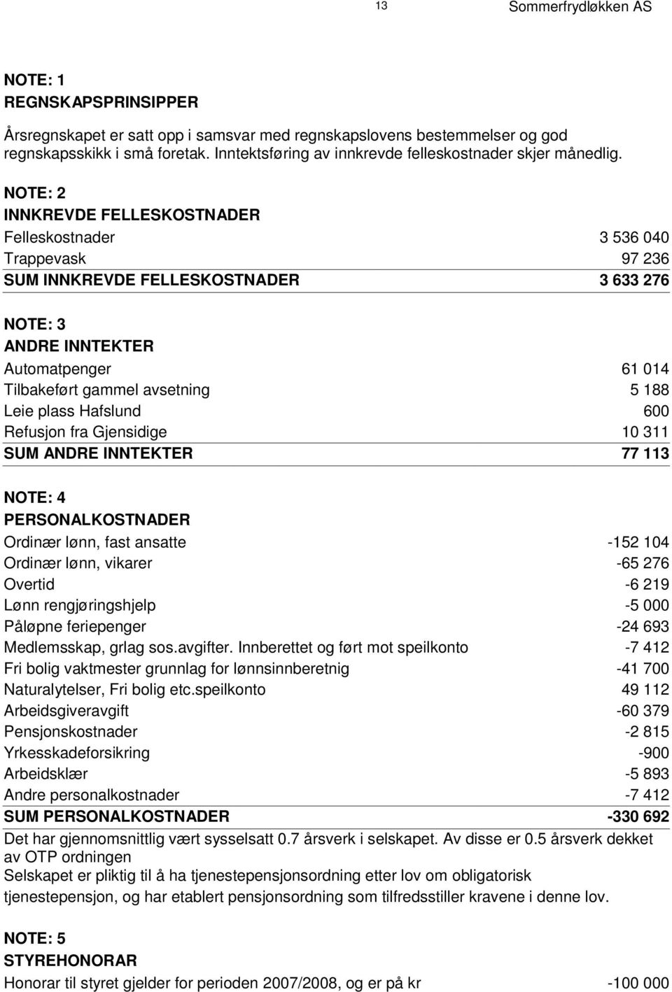 N O T E : 2 I N N K R E V D E F E L L E S K O S T N A D E R Felleskostnader 3 536 040 Trappevask 97 236 S U M I N N K R E V D E F E L L E S K O S T N A D E R 3 633 276 N O T E : 3 A N D R E I N N T E