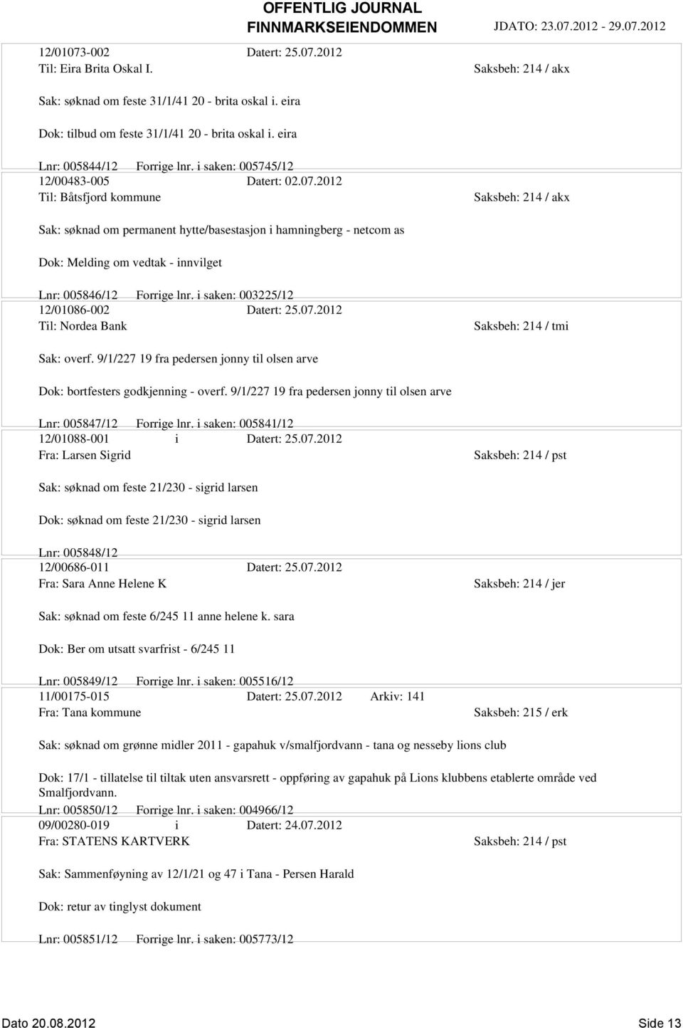 2012 Til: Båtsfjord kommune Sak: søknad om permanent hytte/basestasjon i hamningberg - netcom as Dok: Melding om vedtak - innvilget Lnr: 005846/12 Forrige lnr.