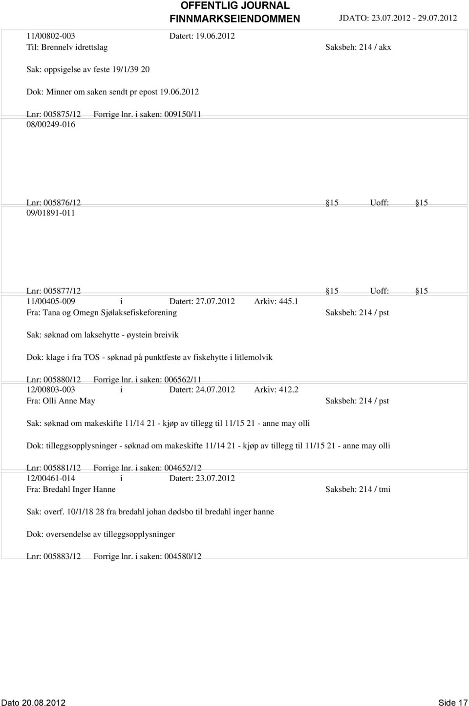 1 Fra: Tana og Omegn Sjølaksefiskeforening Sak: søknad om laksehytte - øystein breivik Dok: klage i fra TOS - søknad på punktfeste av fiskehytte i litlemolvik Lnr: 005880/12 Forrige lnr.