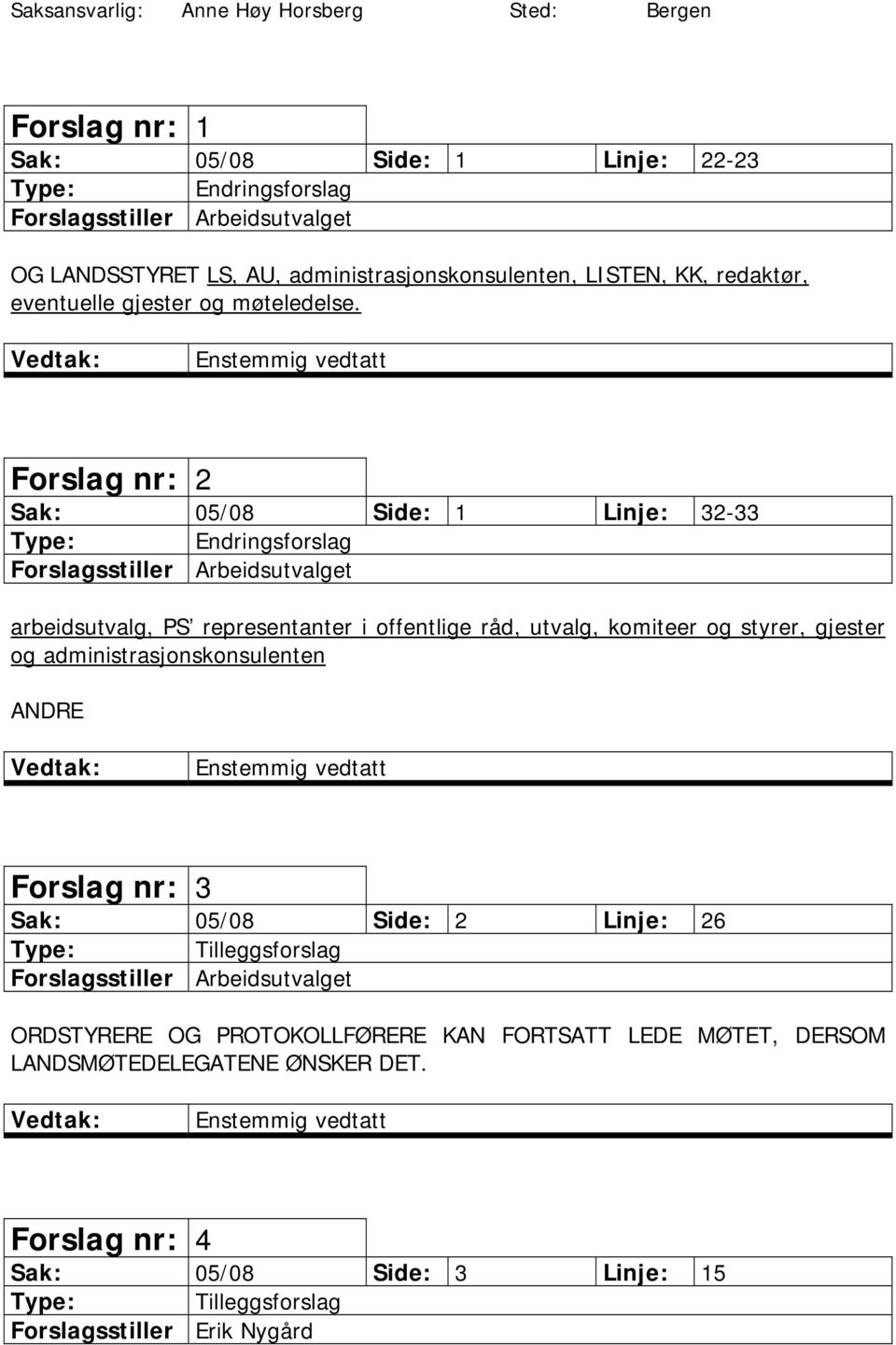 Forslag nr: 2 Sak: 05/08 Side: 1 Linje: 32-33 Endringsforslag Forslagsstiller Arbeidsutvalget arbeidsutvalg, PS representanter i offentlige råd, utvalg, komiteer og styrer,