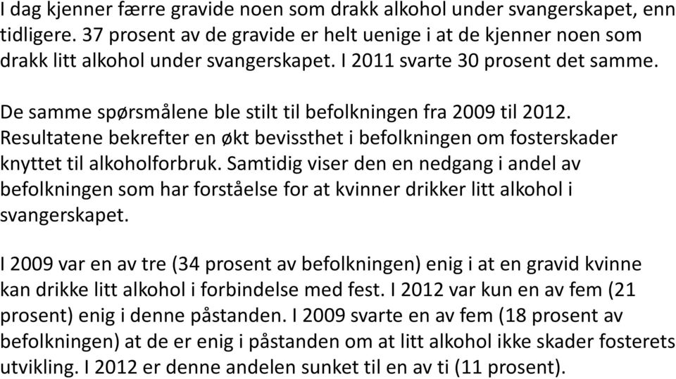 Resultatene bekrefter en økt bevissthet i befolkningen om fosterskader knyttet til alkoholforbruk.