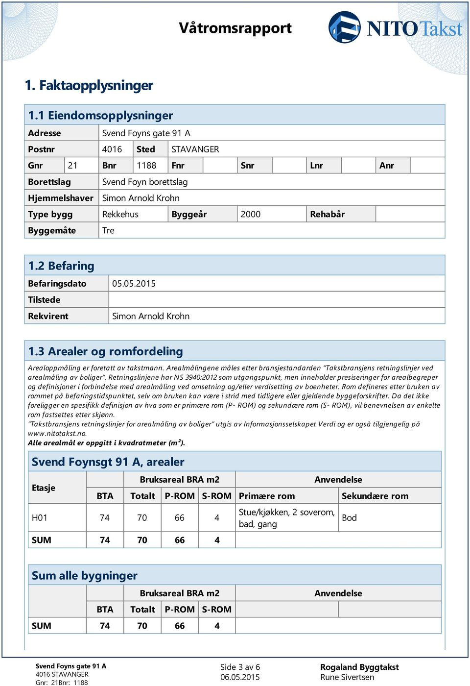 Byggeår 2000 Rehabår Byggemåte Tre 1.2 Befaring Befaringsdato 05.05.2015 Tilstede Rekvirent Simon Arnold Krohn 1.3 Arealer og romfordeling Arealoppmåling er foretatt av takstmann.