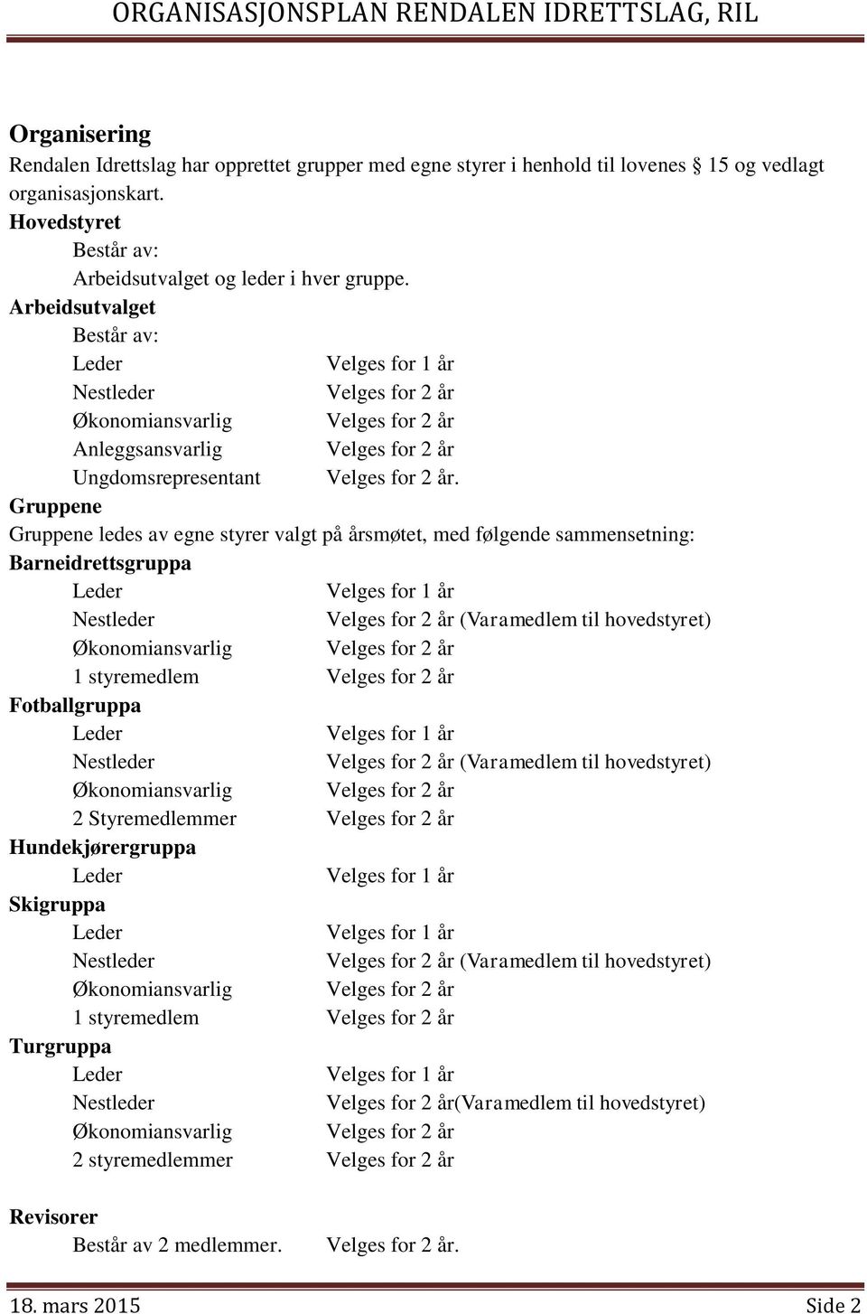 Gruppene Gruppene ledes av egne styrer valgt på årsmøtet, med følgende sammensetning: Barneidrettsgruppa Velges for 1 år Velges for 2 år (Varamedlem til hovedstyret) Økonomiansvarlig Velges for 2 år