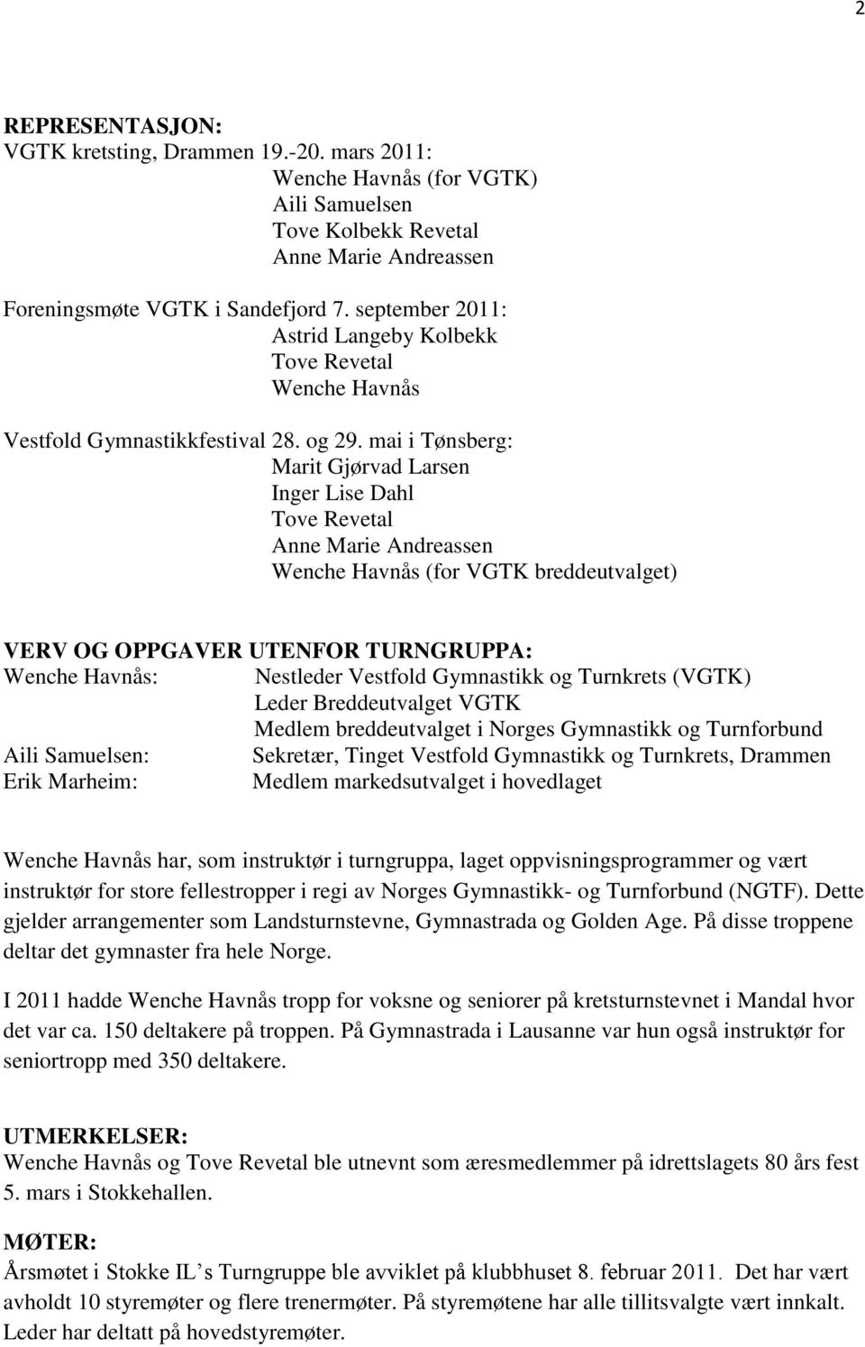 mai i Tønsberg: Marit Gjørvad Larsen Inger Lise Dahl Tove Revetal Anne Marie Andreassen Wenche Havnås (for VGTK breddeutvalget) VERV OG OPPGAVER UTENFOR TURNGRUPPA: Wenche Havnås: Nestleder Vestfold