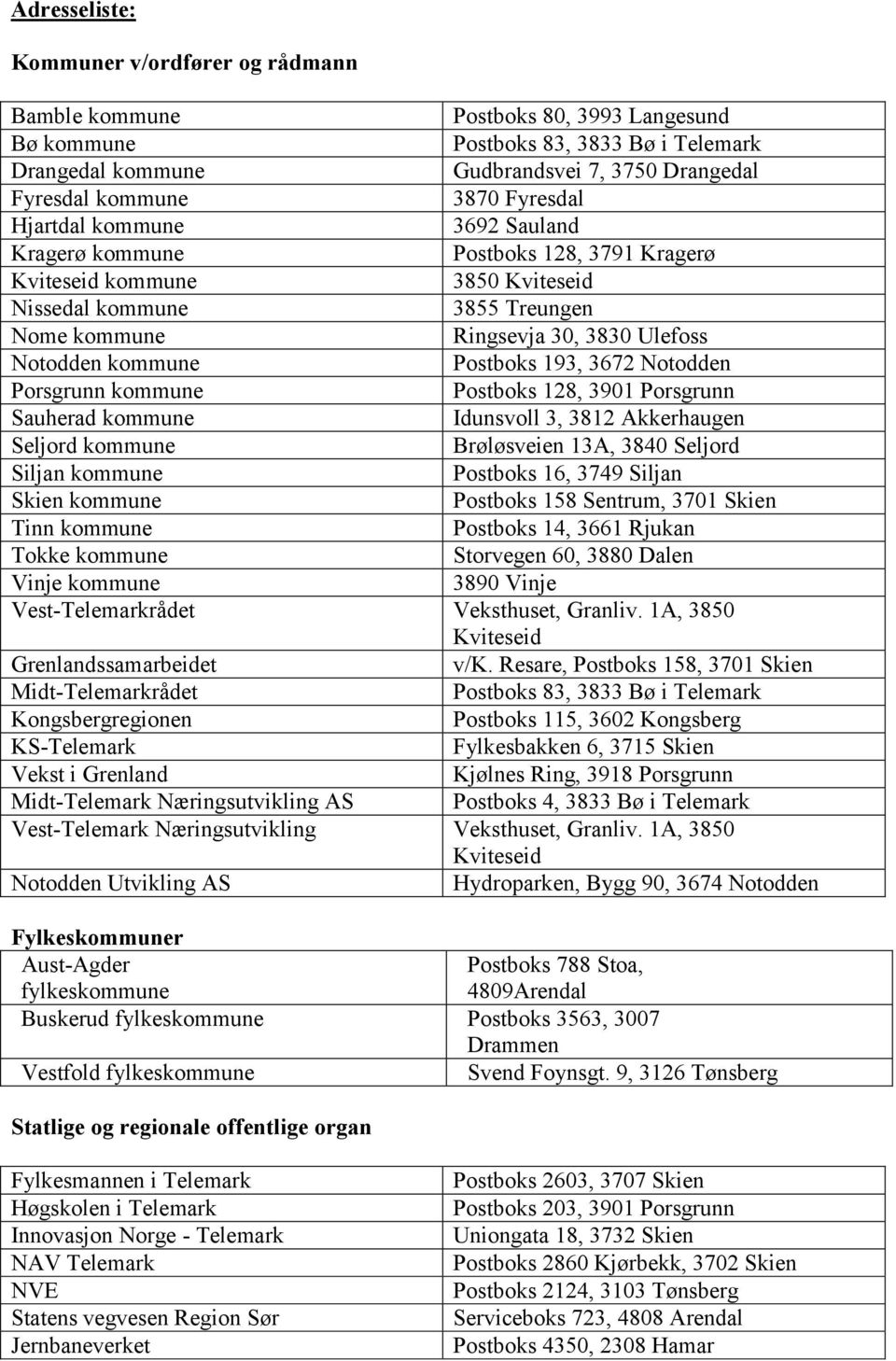 kommune Postboks 193, 3672 Notodden Porsgrunn kommune Postboks 128, 3901 Porsgrunn Sauherad kommune Idunsvoll 3, 3812 Akkerhaugen Seljord kommune Brøløsveien 13A, 3840 Seljord Siljan kommune Postboks