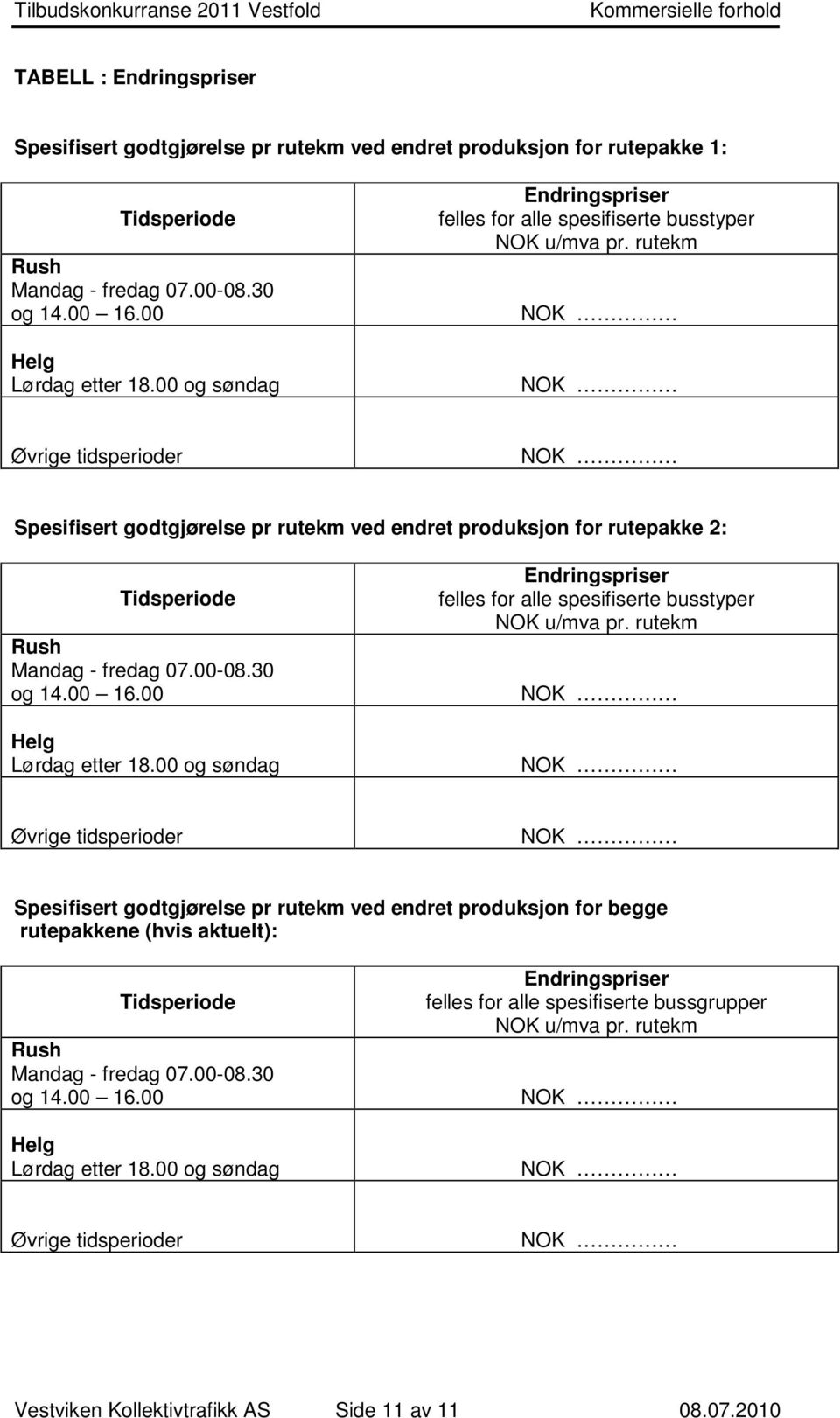 rutekm Øvrige tidsperioder Spesifisert godtgjørelse pr rutekm ved endret produksjon for rutepakke 2: Tidsperiode Rush Mandag - fredag 07.00-08.30 og 14.00 16.00 Helg Lørdag etter 18.