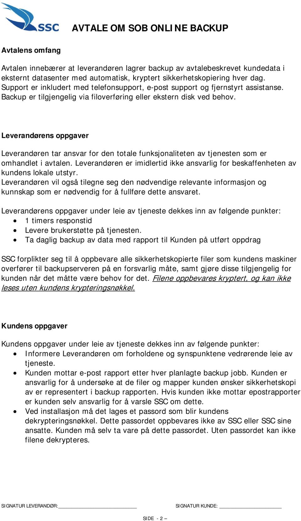 Leverandørens oppgaver Leverandøren tar ansvar for den totale funksjonaliteten av tjenesten som er omhandlet i avtalen.