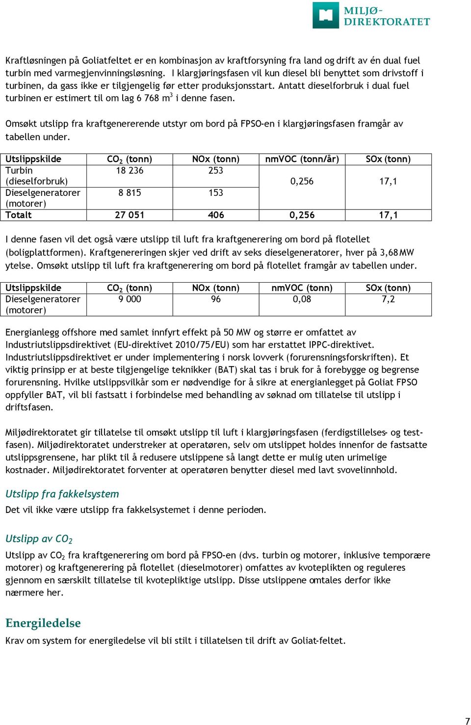 Antatt dieselforbruk i dual fuel turbinen er estimert til om lag 6 768 m 3 i denne fasen. Omsøkt utslipp fra kraftgenererende utstyr om bord på FPSO-en i klargjøringsfasen framgår av tabellen under.