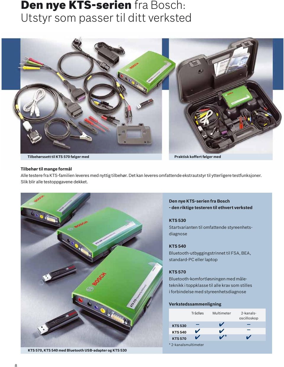 Den nye KTS-serien fra Bosch - den riktige testeren til ethvert verksted KTS 530 Startvarianten til omfattende styreenhetsdiagnose KTS 540 Bluetooth-utbyggingstrinnet til FSA, BEA, standard-pc eller