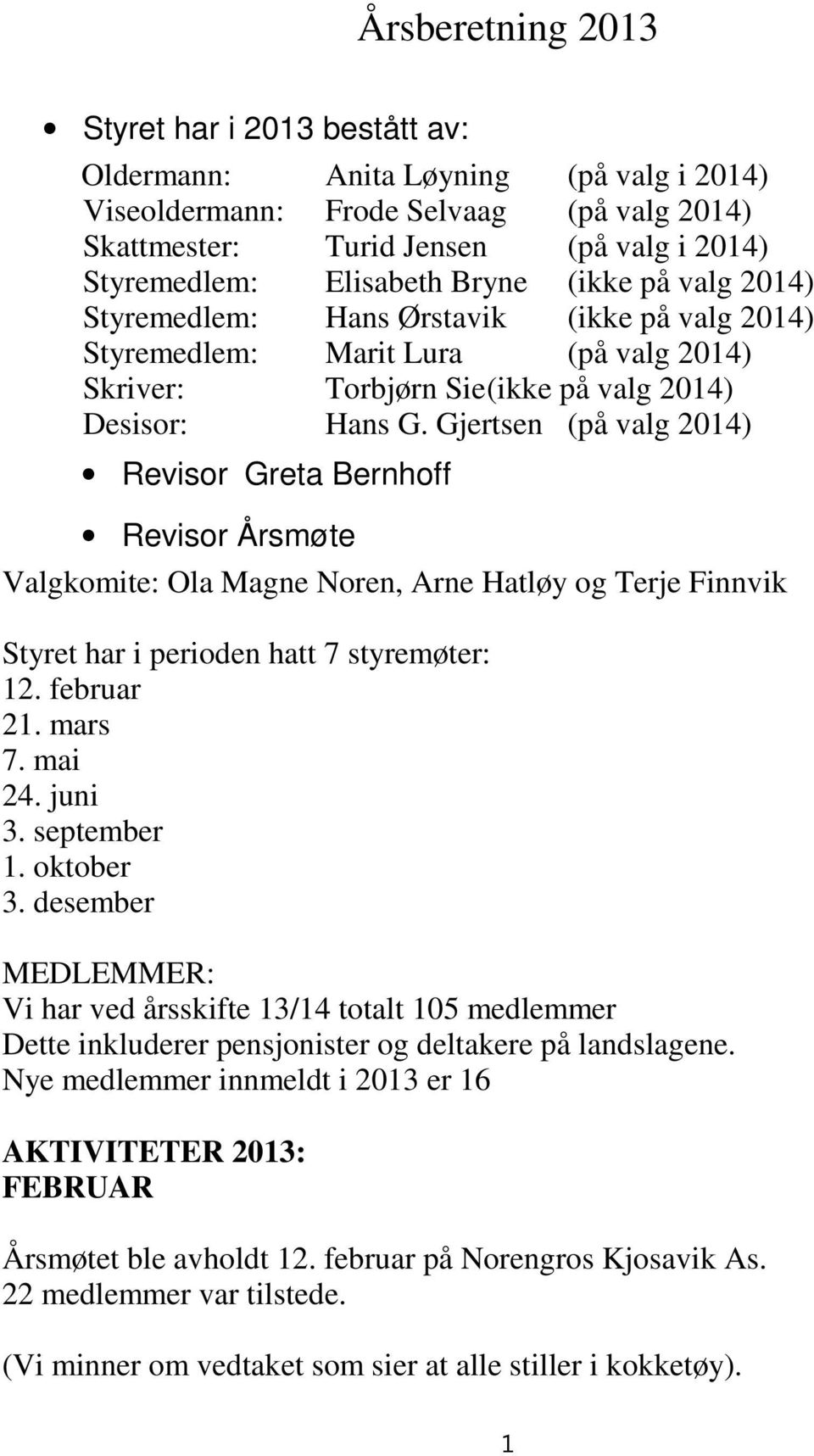 Gjertsen (på valg 2014) Revisor Greta Bernhoff Revisor Årsmøte Valgkomite: Ola Magne Noren, Arne Hatløy og Terje Finnvik Styret har i perioden hatt 7 styremøter: 12. februar 21. mars 7. mai 24.
