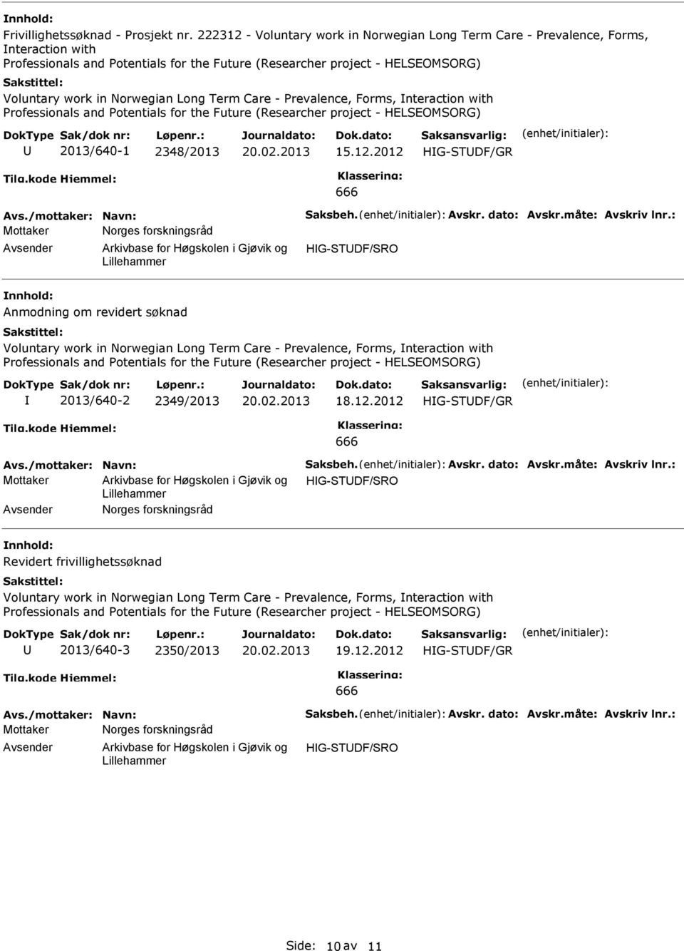 Term Care - revalence, Forms, nteraction with rofessionals and otentials for the Future (Researcher project - HELEOMORG) 2013/640-1 2348/2013 15.12.2012 666 Avs./mottaker: Navn: aksbeh. Avskr.